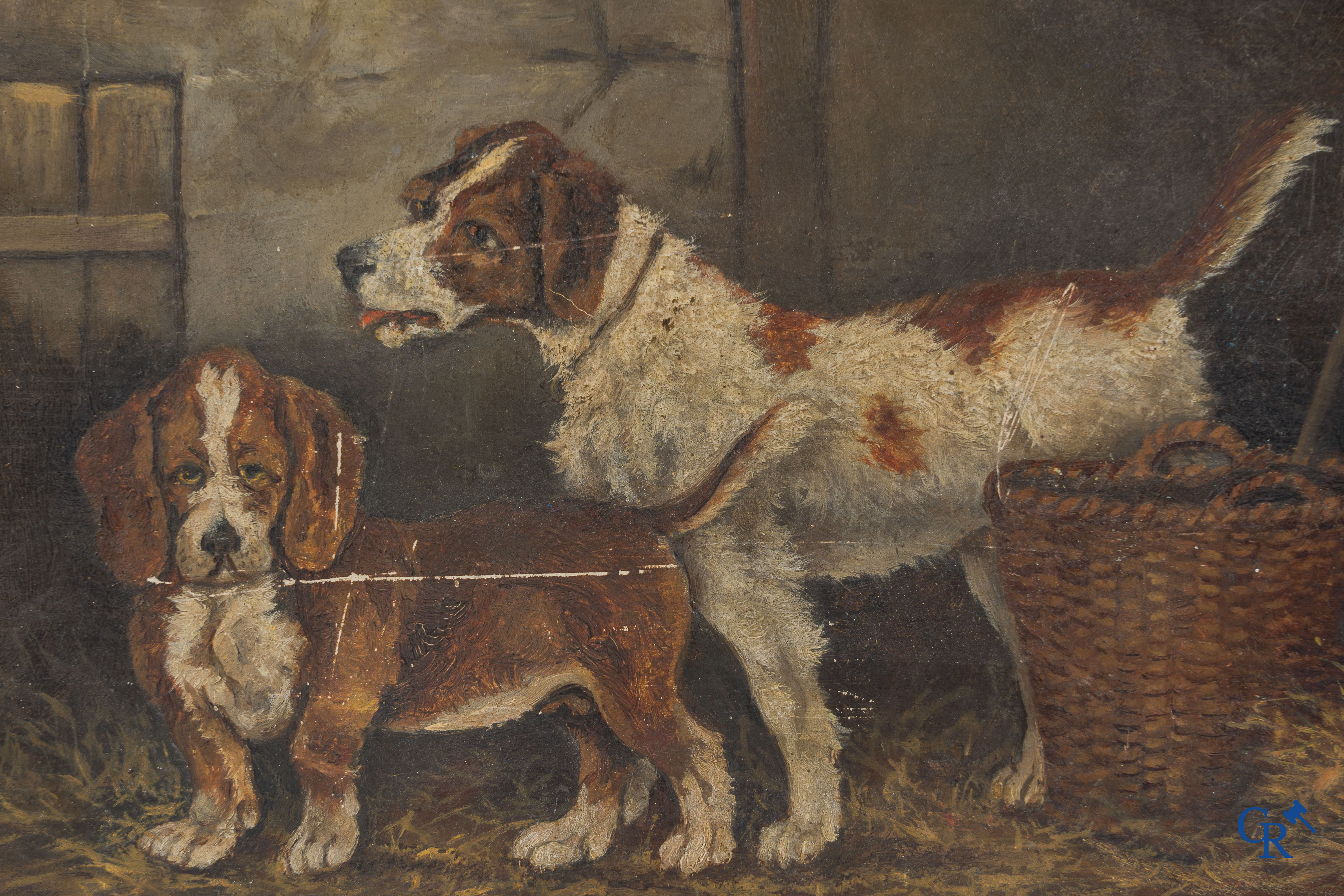2 romantische schilderijtjes, meisje met kat en 2 spelende hondjes, gesigneerd De La Royèra, 1890.