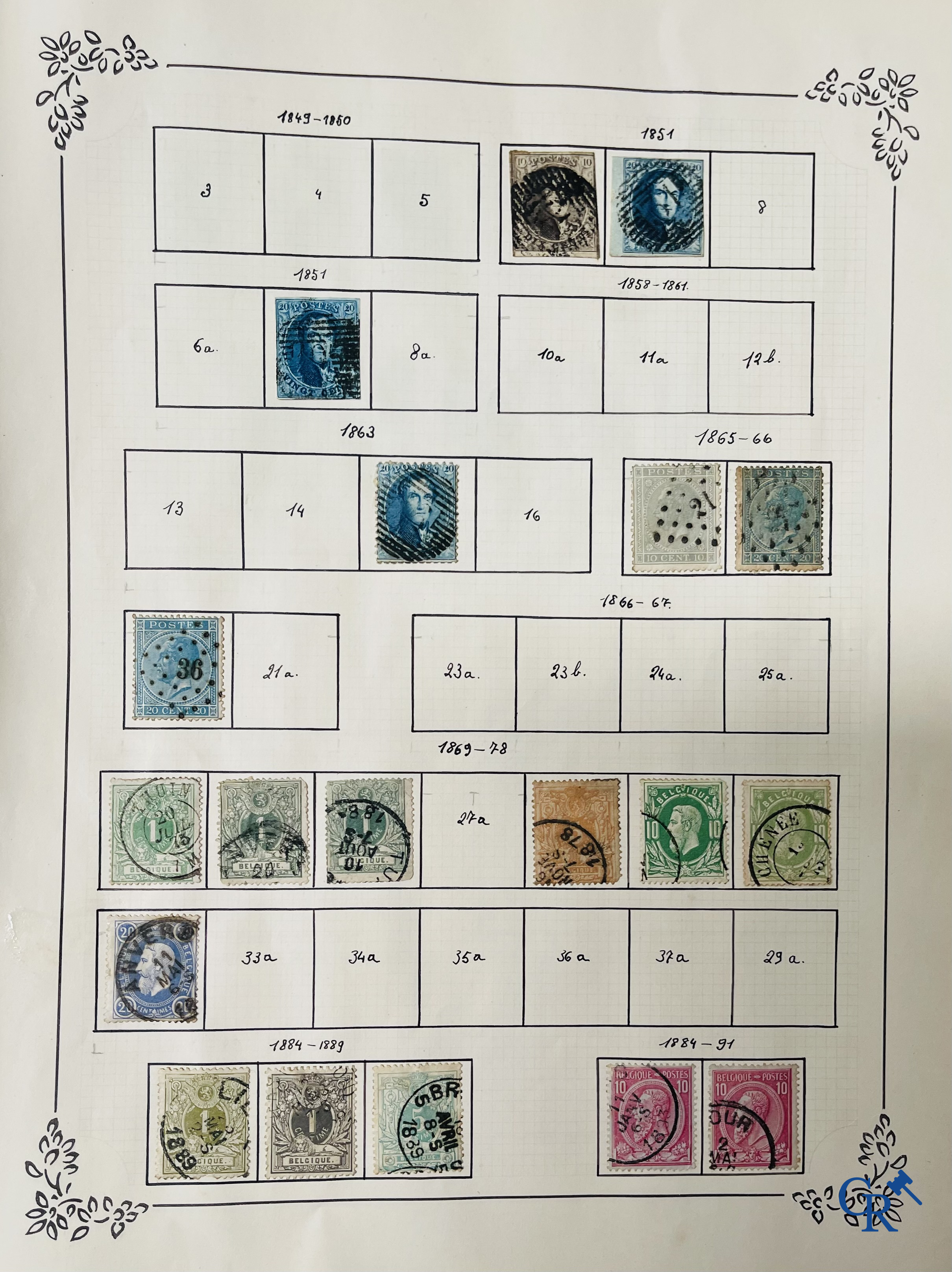 Filatelie. Album met verschillende zeldzame antieke postzegels, waaronder vroege Belgische postzegels.