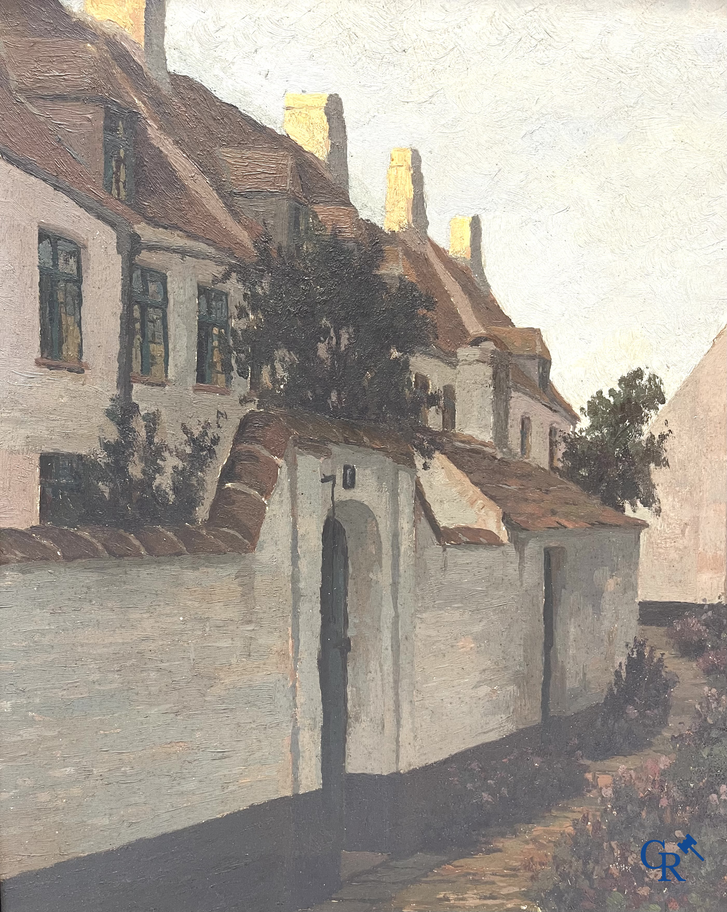 Van Sassenbrouck. Zicht van het begijnhof. Olie op hardboard. Rechtsonder gesigneerd.