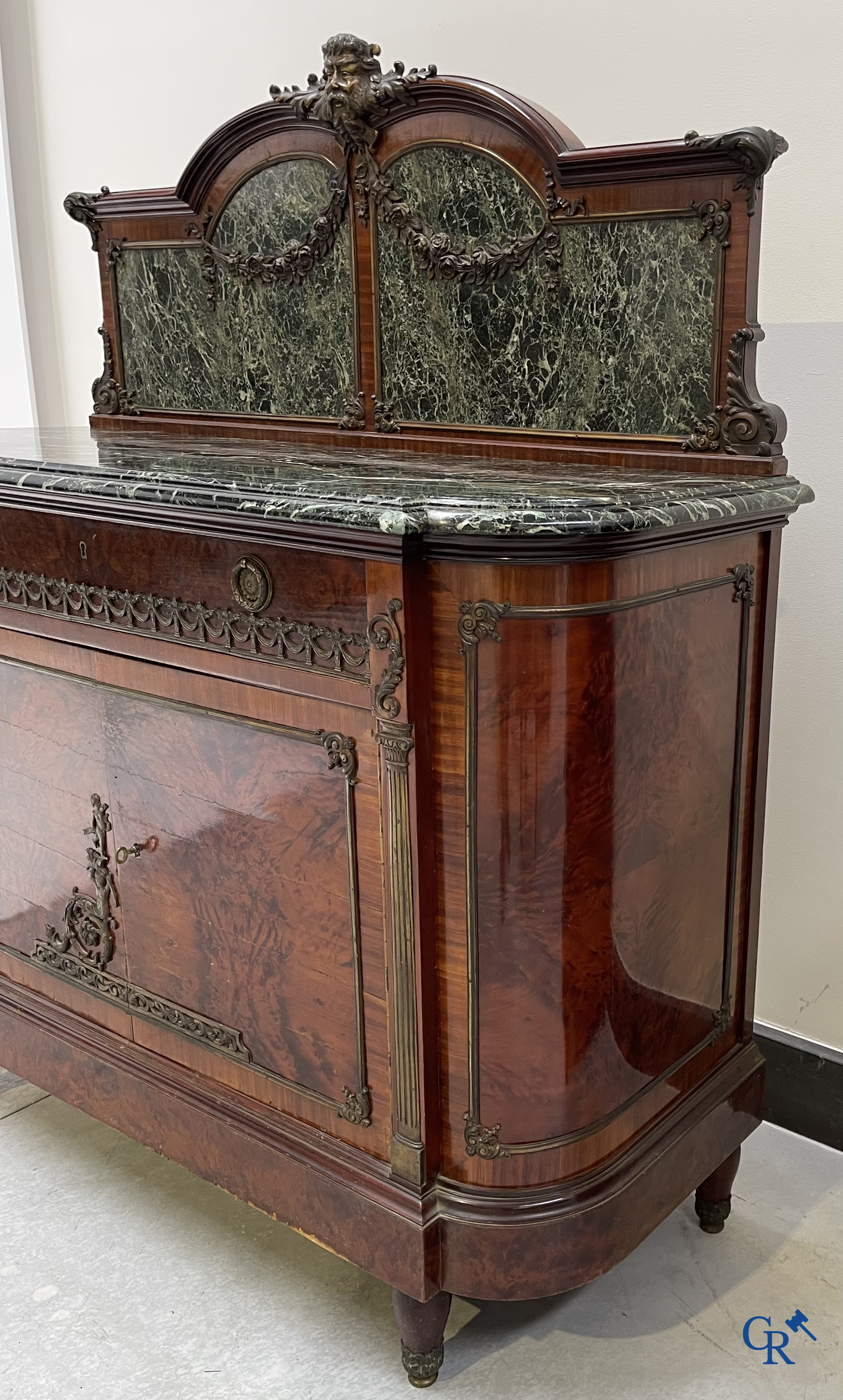 Exceptional dining room furniture in mahogany veneer, marble and bronze. Napoleon III style. Circa 1900.
