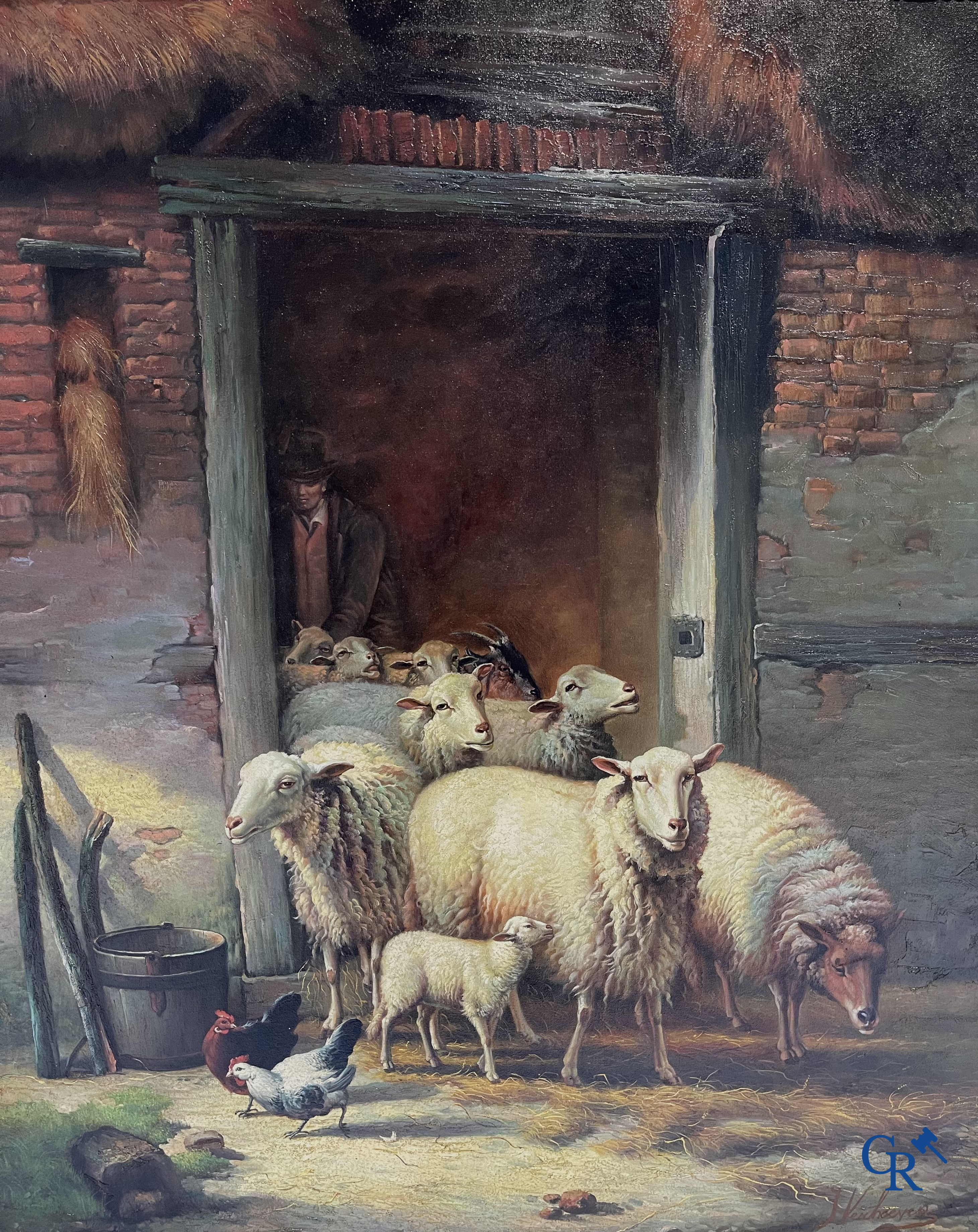 J. Verhoeven. Groot schilderij in vergulde houten lijst. Schapen bij de stal. Olie op doek. Rechtsonder gesigneerd.