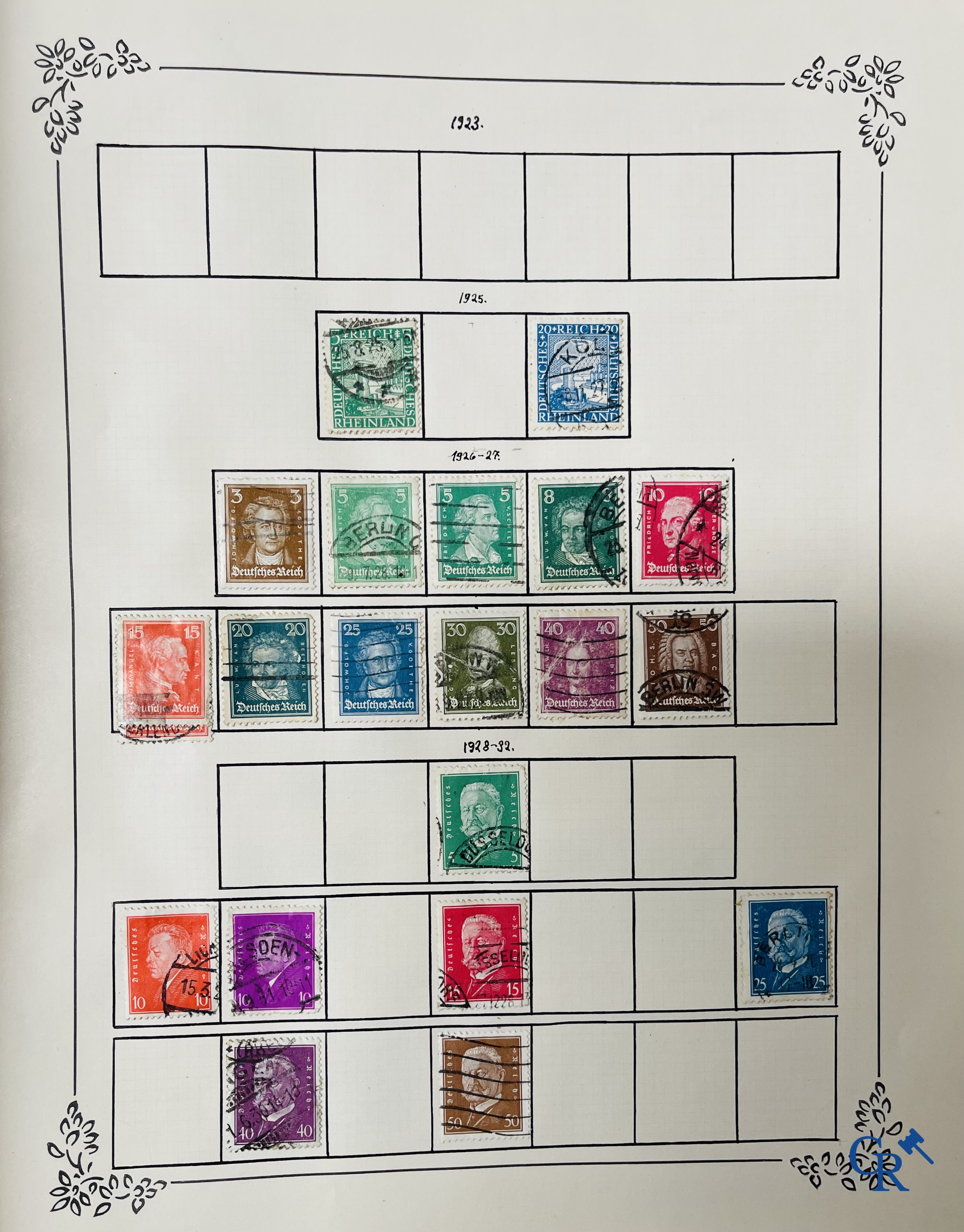 Filatelie. Album met verschillende zeldzame antieke postzegels, waaronder vroege Belgische postzegels.