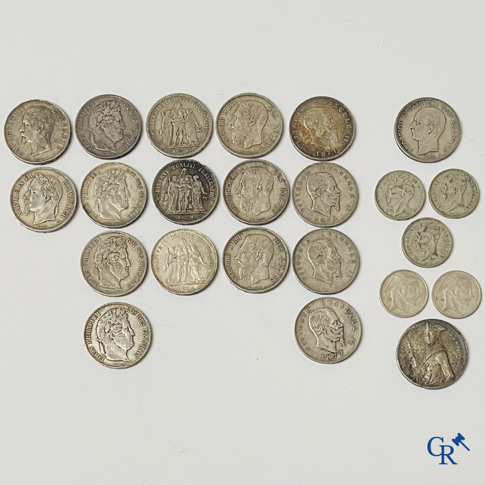 Munten. Lot munten in zilver. 5 Francs Louis Philippe I, Napoleon III, Leopold II, 5 Lire Vittorio Emanuele en diverse.