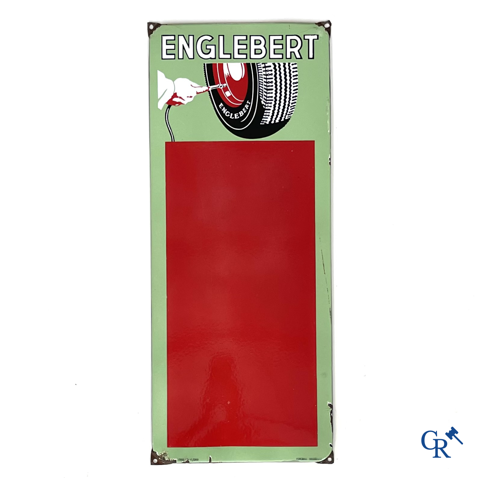 Englebert, Emaille reclamebord om de bandenspanning van Englebert banden op te geven. Foremail Bruxelles 1949.