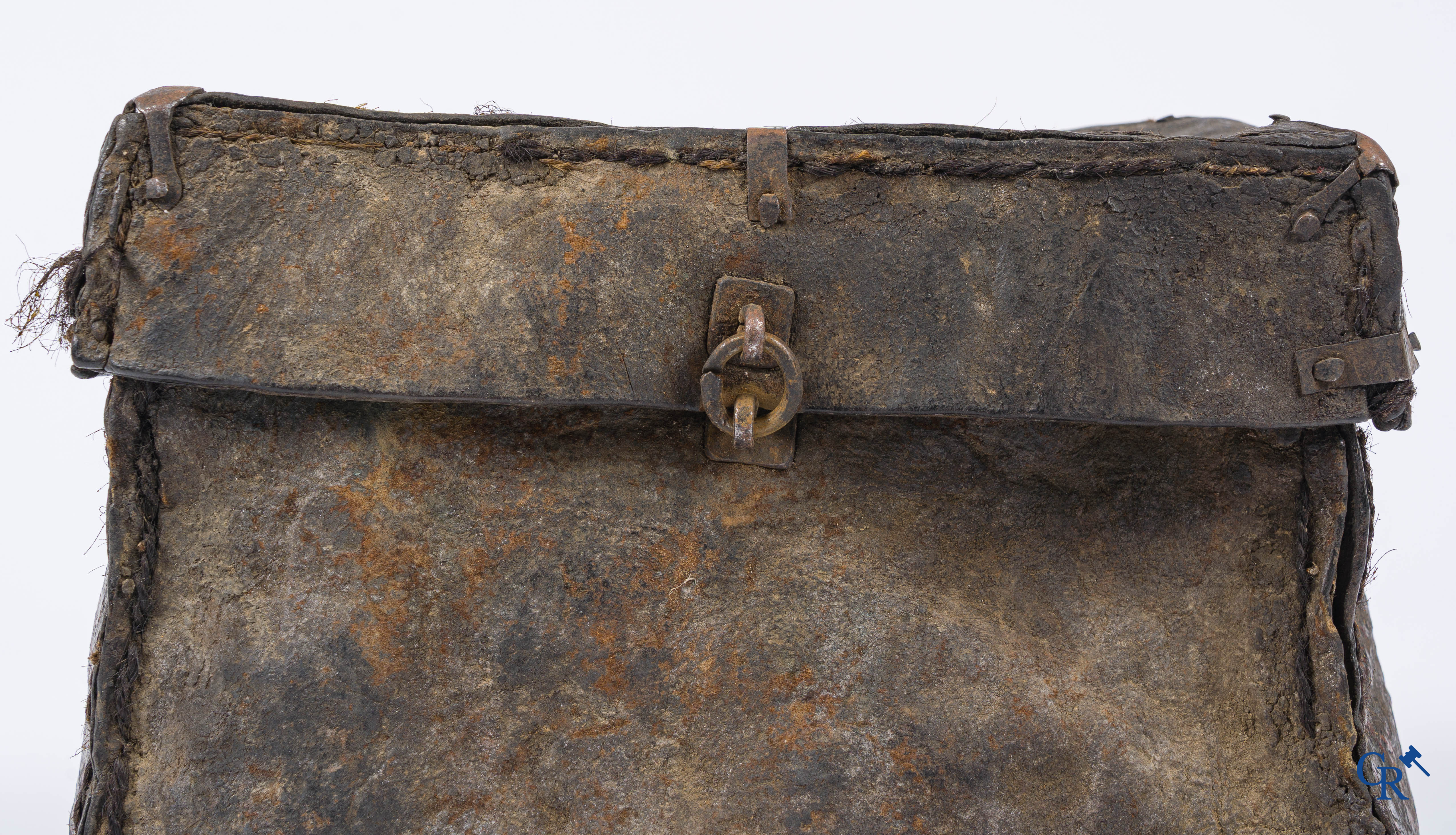 Antique leather money or documents case with original wrought iron lock work.