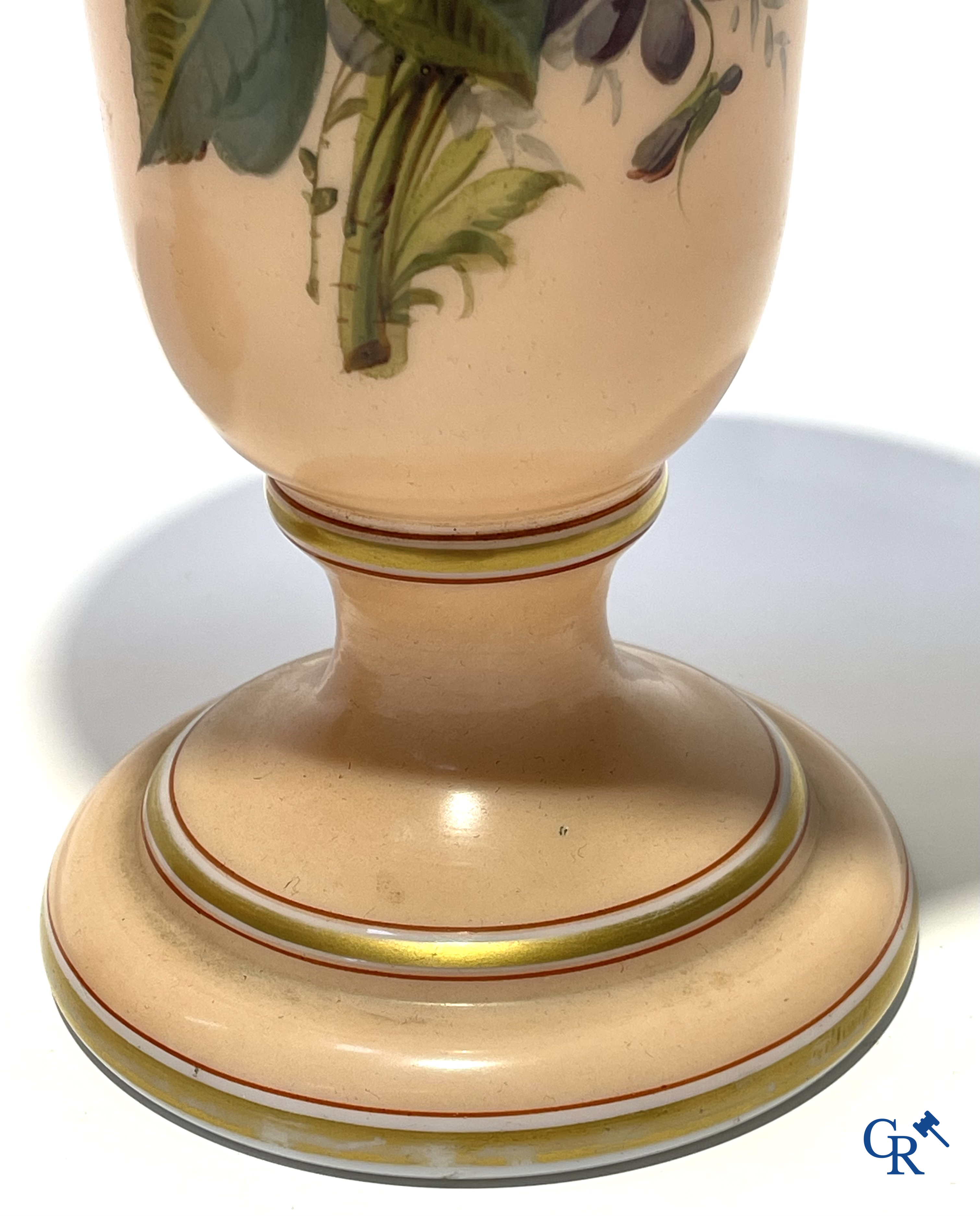Napoleon III period. Pair of vases in opaline with floral decor. Circa 1880.