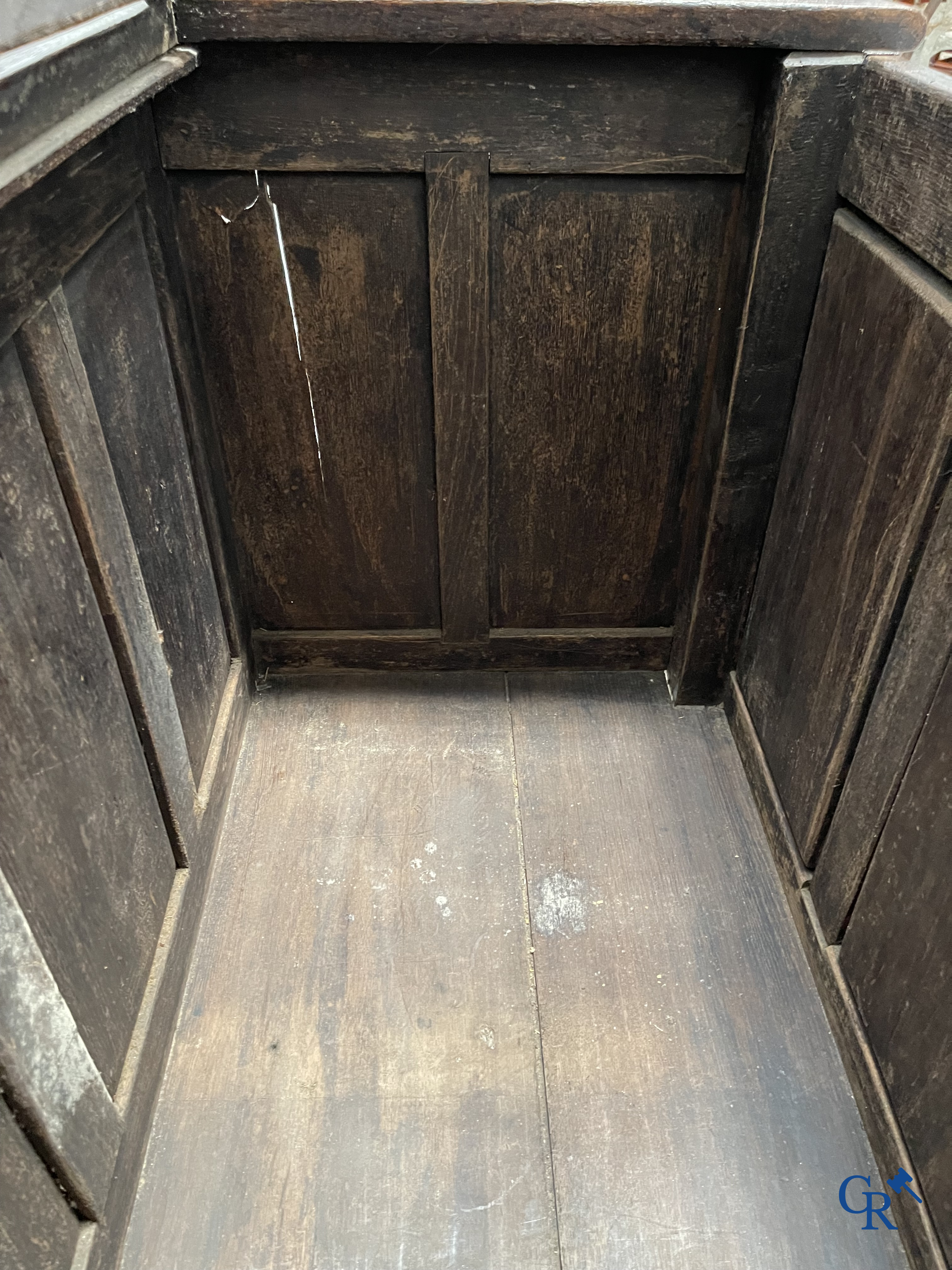 Furniture. Oak trunk with carved panels in Gothic style. Early 19th century.