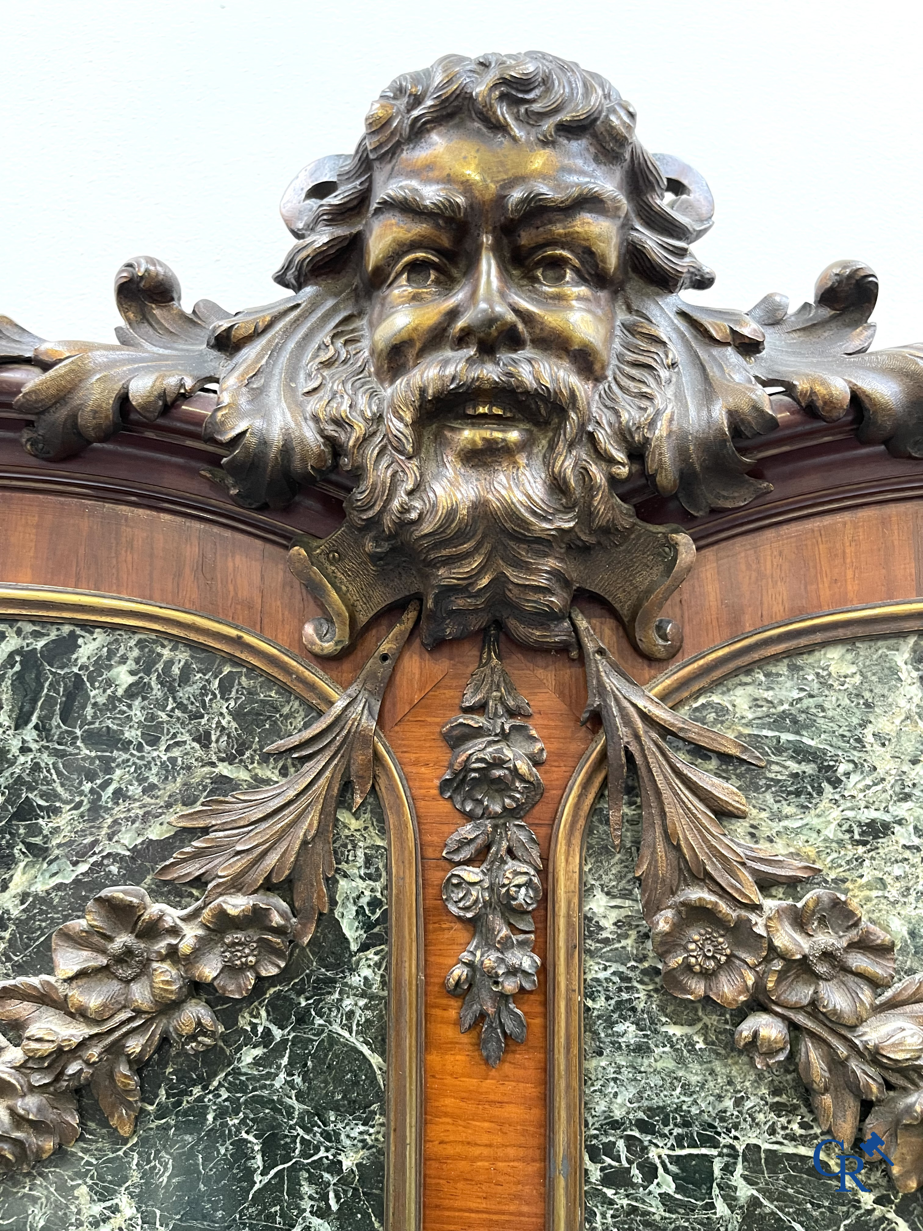 Exceptional dining room furniture in mahogany veneer, marble and bronze. Napoleon III style. Circa 1900.