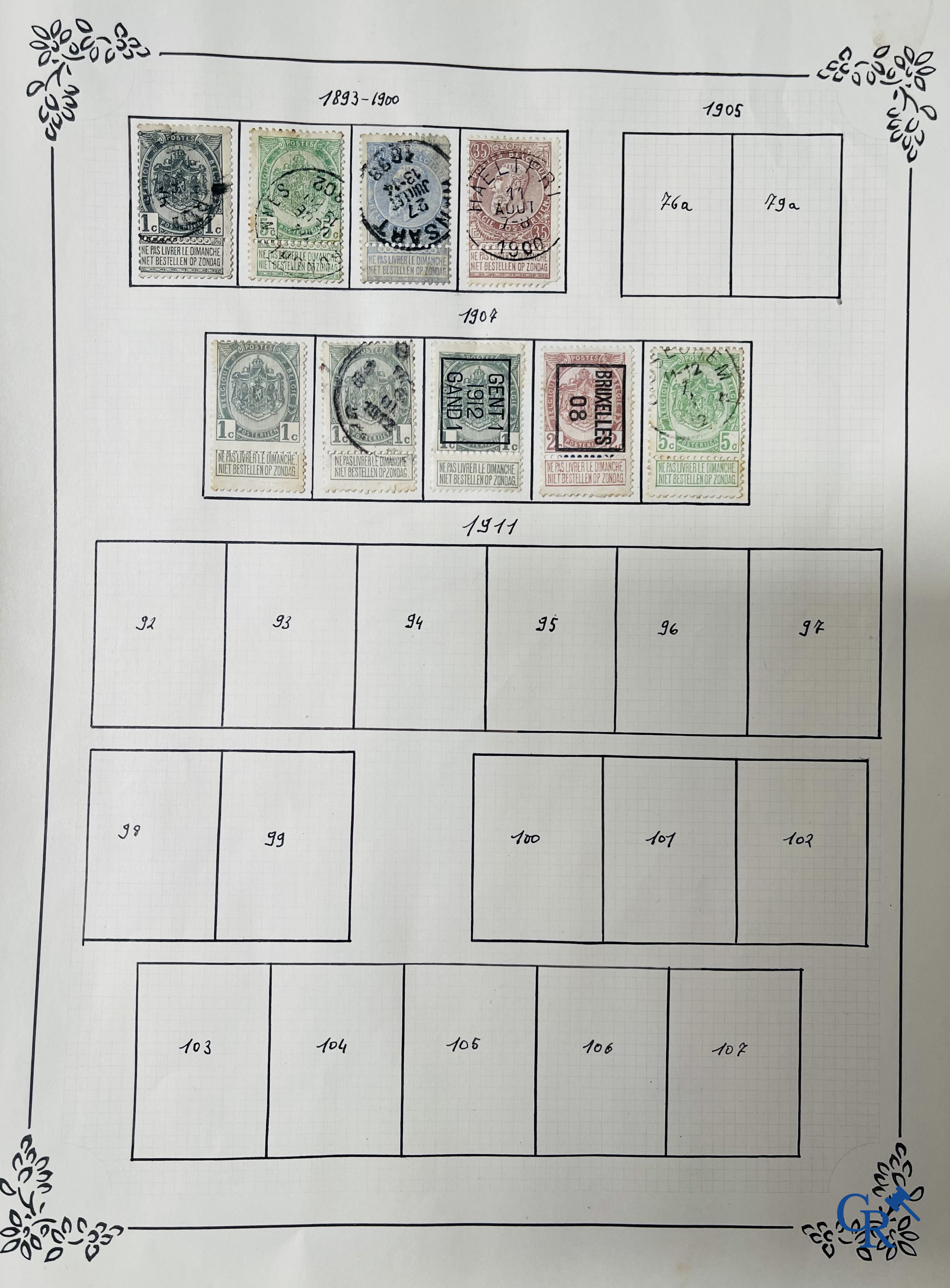 Filatelie. Album met verschillende zeldzame antieke postzegels, waaronder vroege Belgische postzegels.
