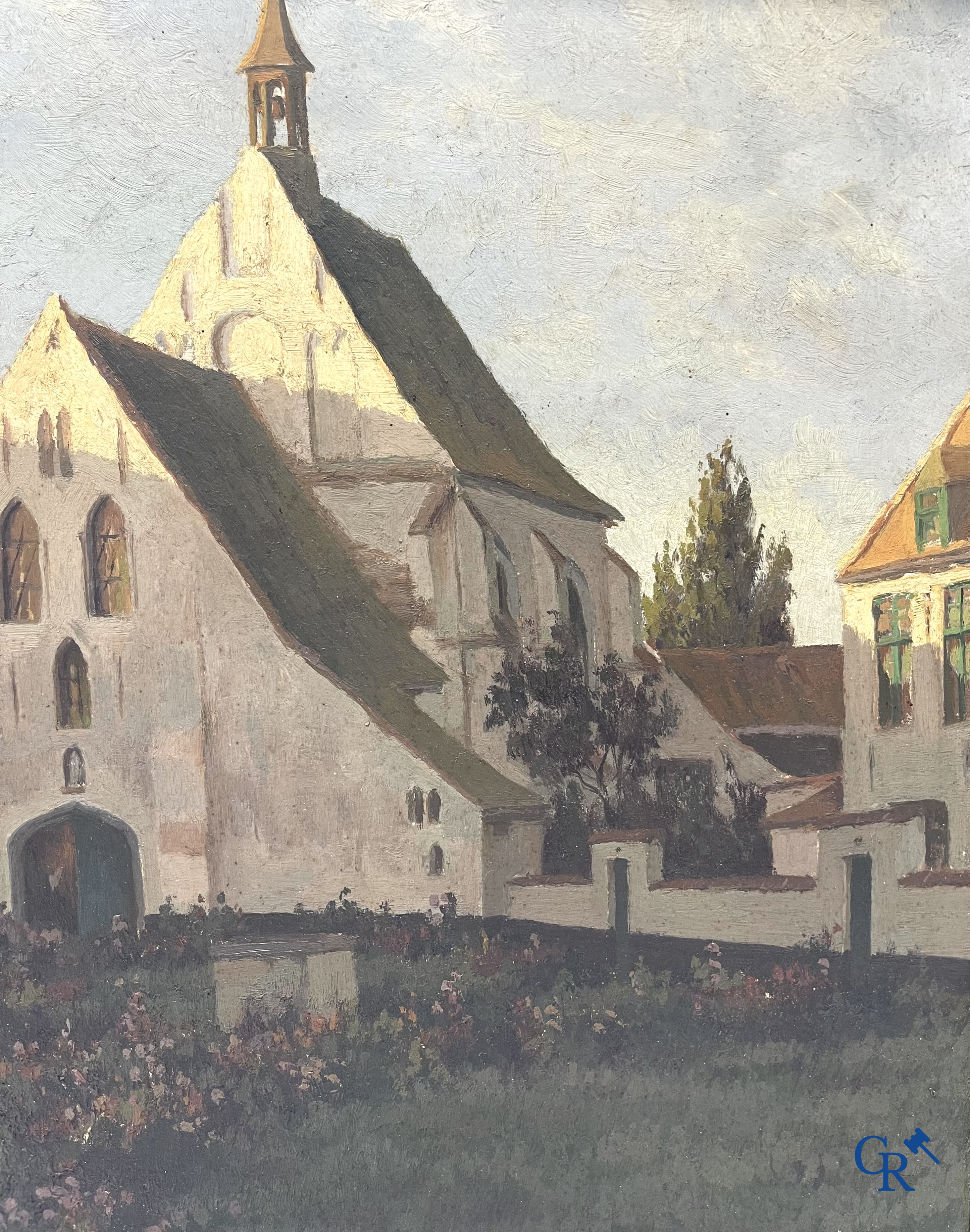 Van Sassenbrouck. Zicht van het begijnhof. Olie op hardboard. Rechtsonder gesigneerd.