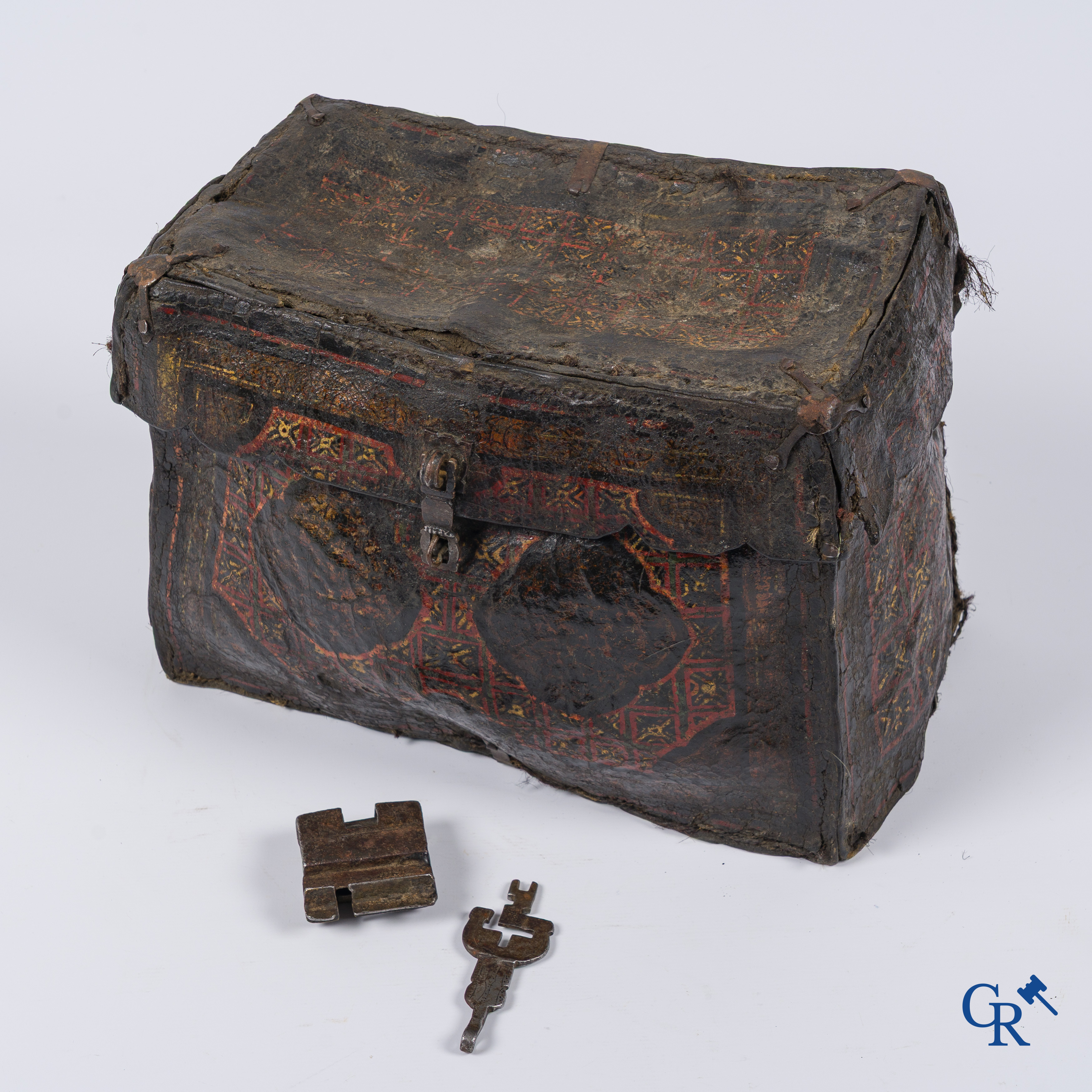 Antique leather money or documents case with original wrought iron lock work.