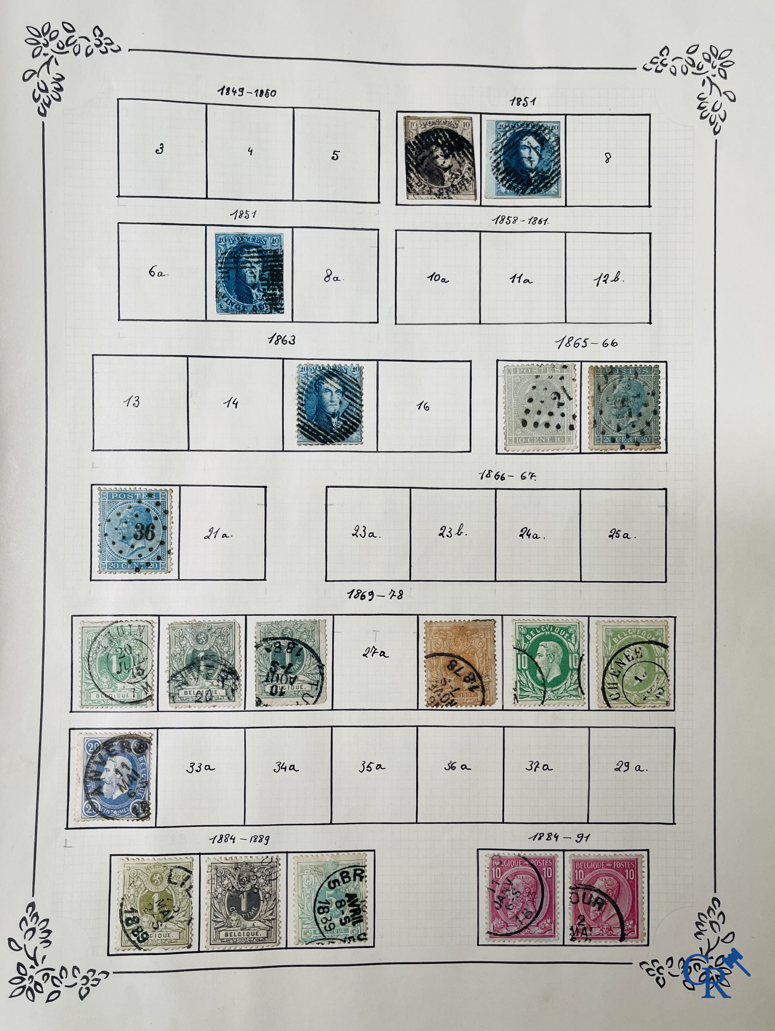 Filatelie. Album met verschillende zeldzame antieke postzegels, waaronder vroege Belgische postzegels.