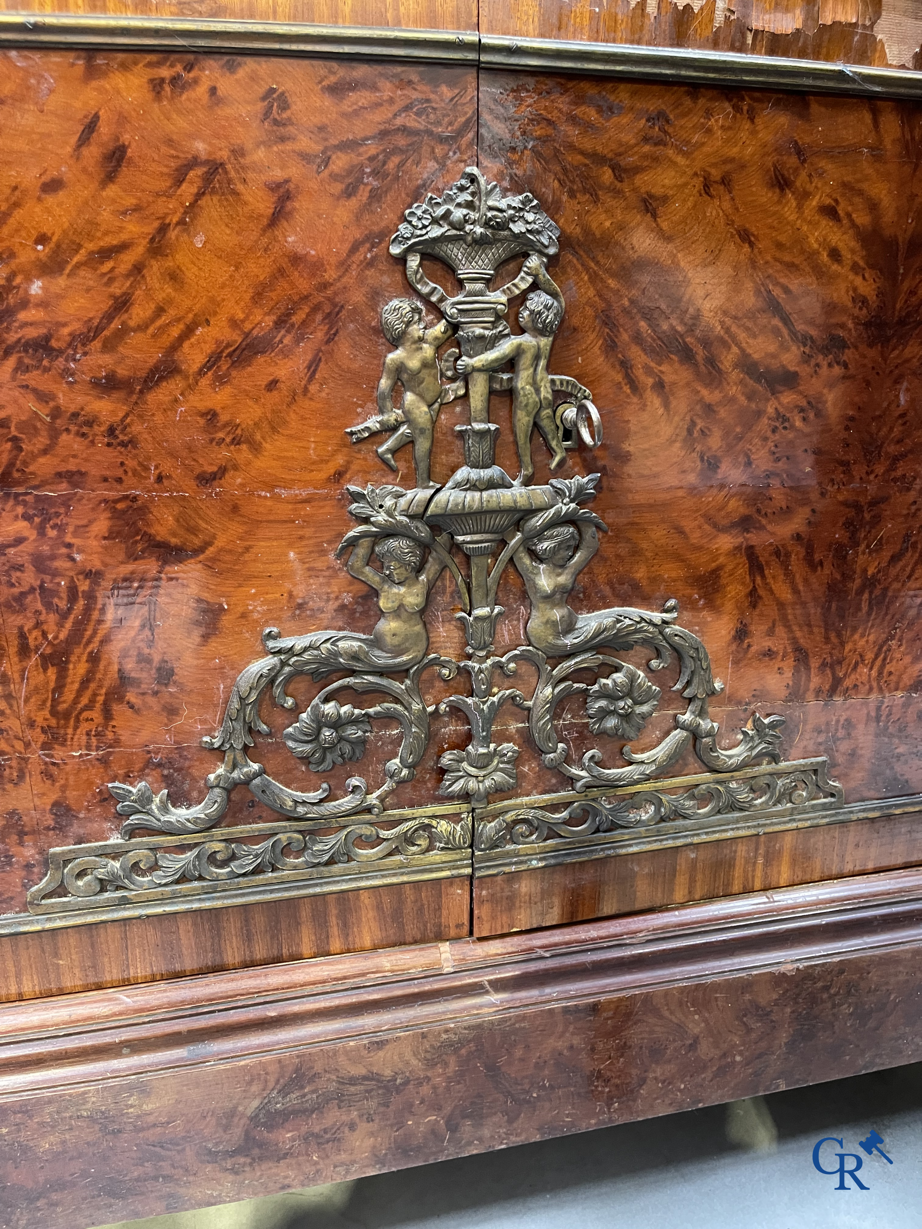 Exceptional dining room furniture in mahogany veneer, marble and bronze. Napoleon III style. Circa 1900.