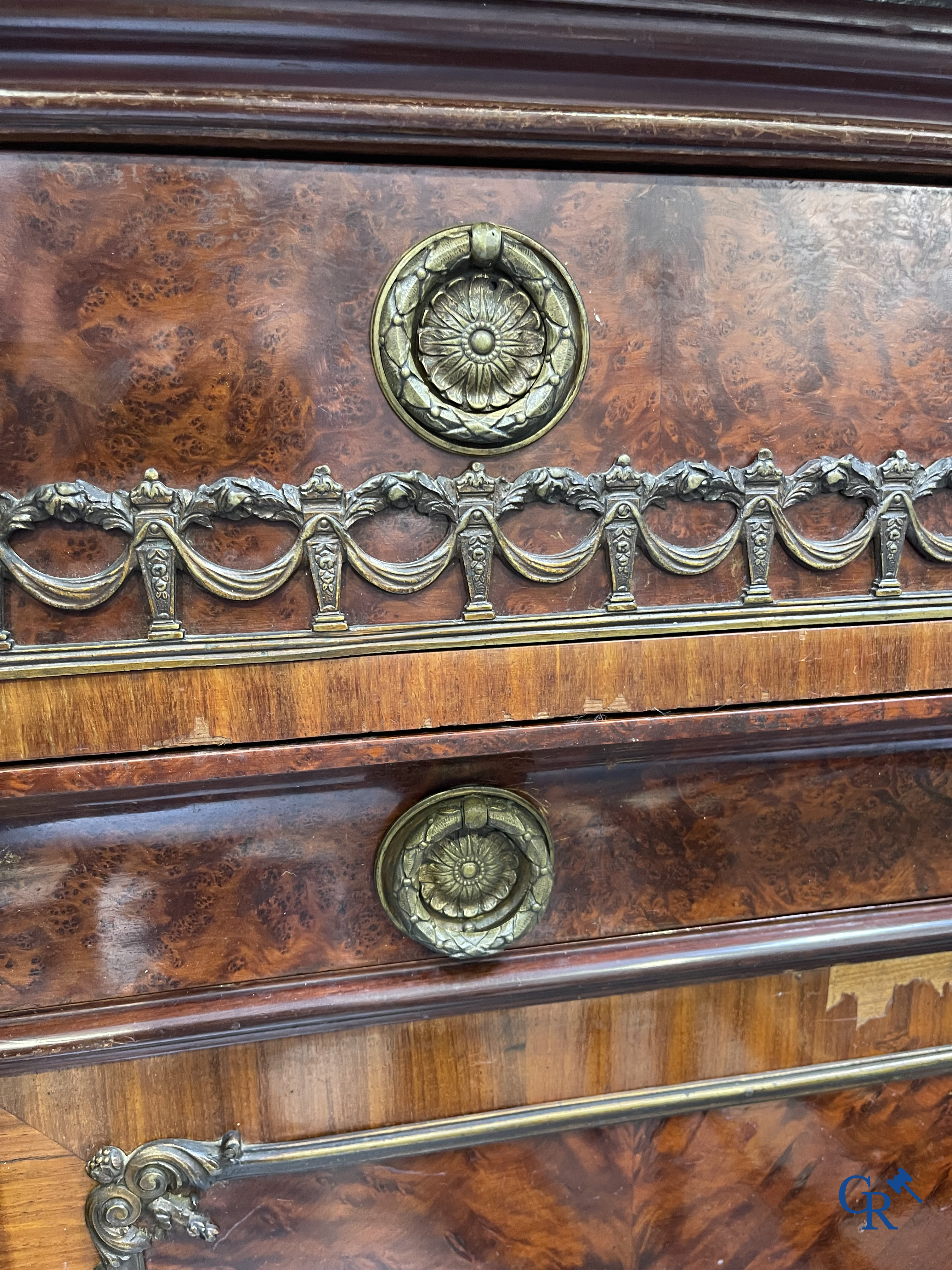 Exceptional dining room furniture in mahogany veneer, marble and bronze. Napoleon III style. Circa 1900.