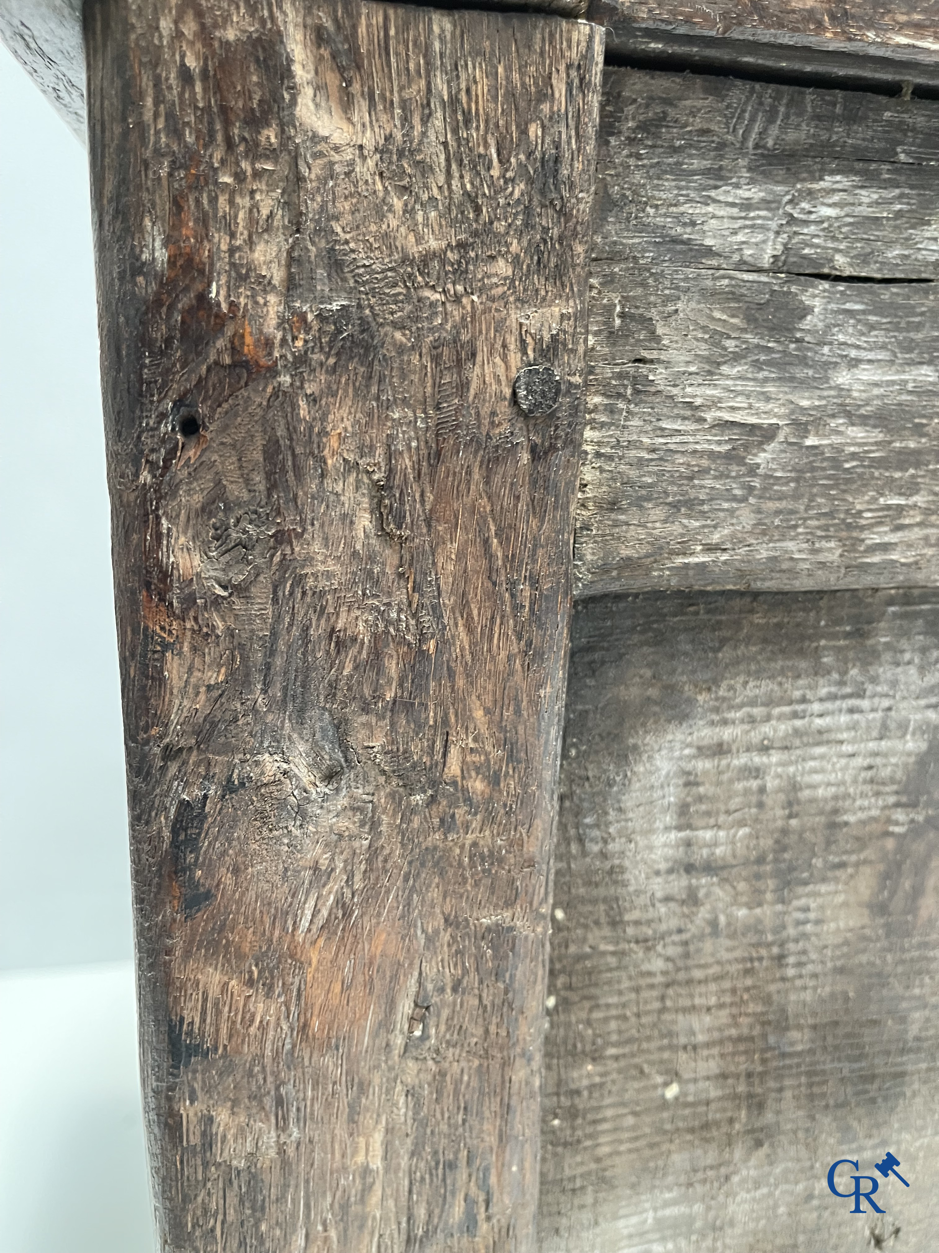 Furniture. Oak trunk with carved panels in Gothic style. Early 19th century.
