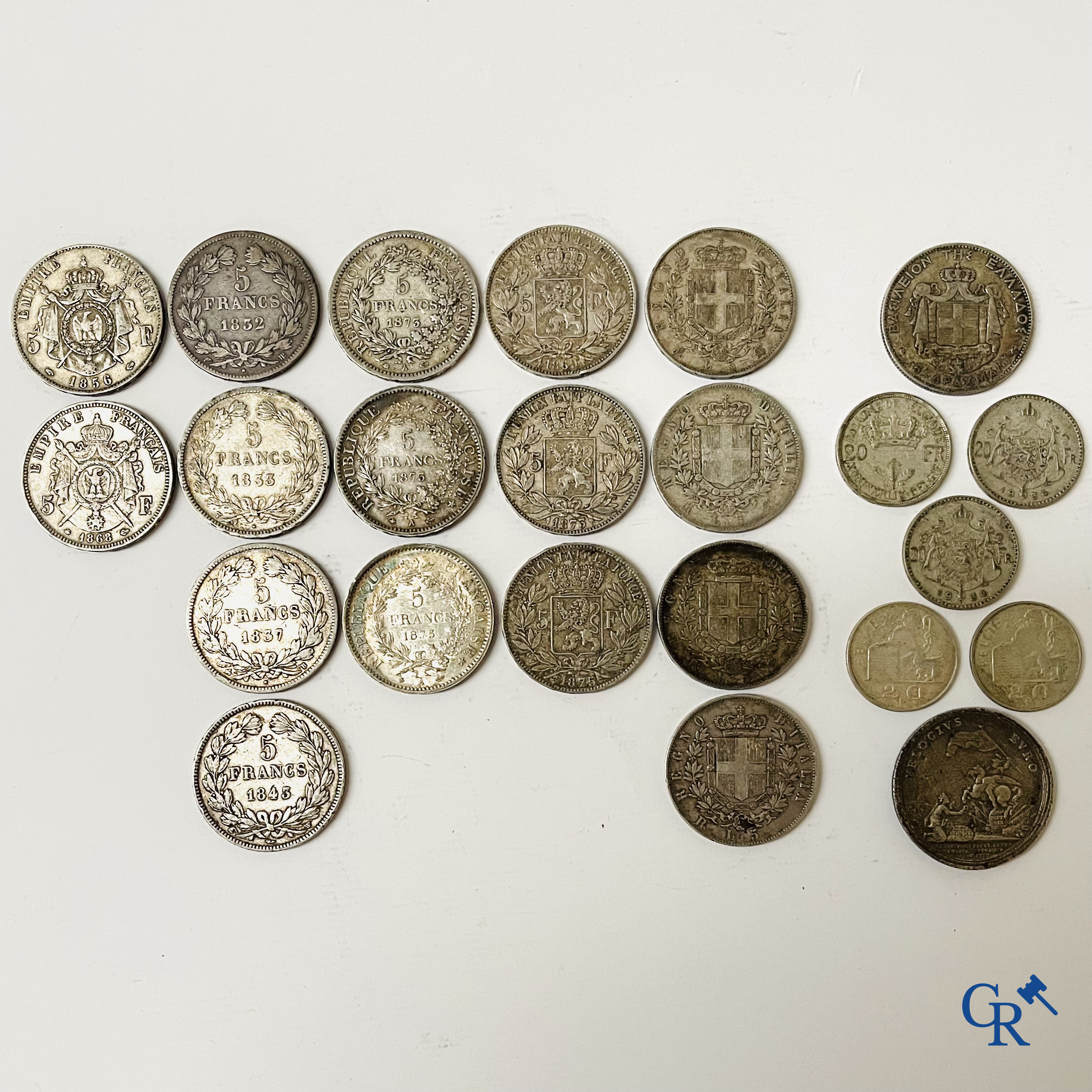 Munten. Lot munten in zilver. 5 Francs Louis Philippe I, Napoleon III, Leopold II, 5 Lire Vittorio Emanuele en diverse.