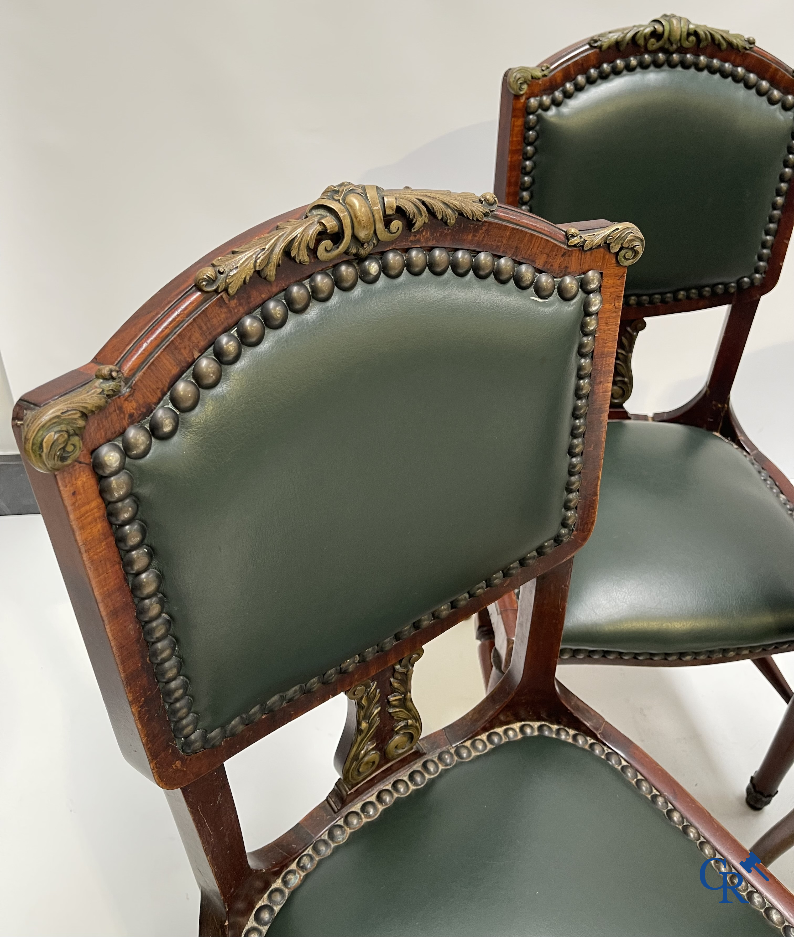Exceptional dining room furniture in mahogany veneer, marble and bronze. Napoleon III style. Circa 1900.