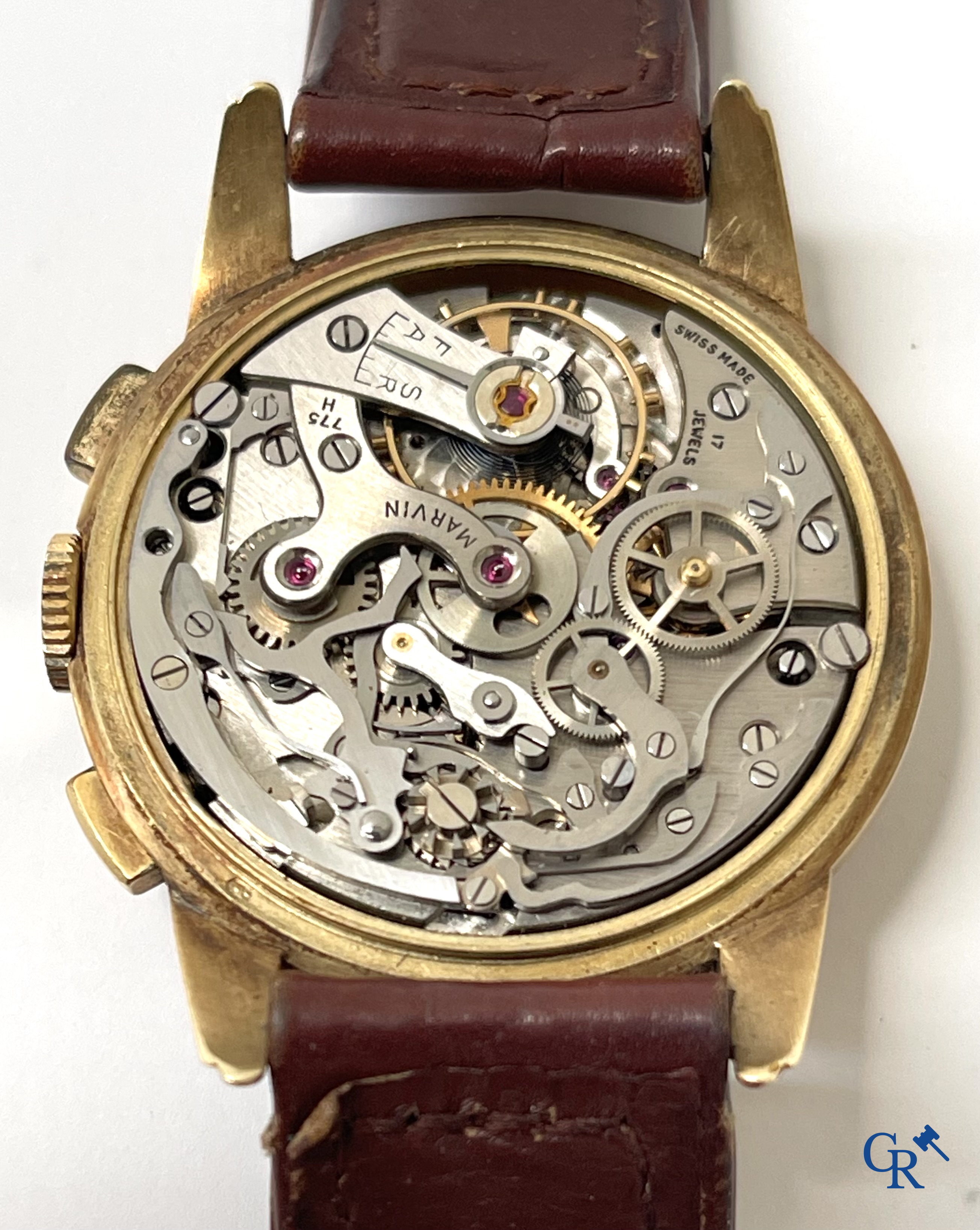 Uurwerken. Een 14-karaats gouden 585°/00 heren polsuurwerk gemerkt Marvin. Zwitsers werk circa 1940-1950.