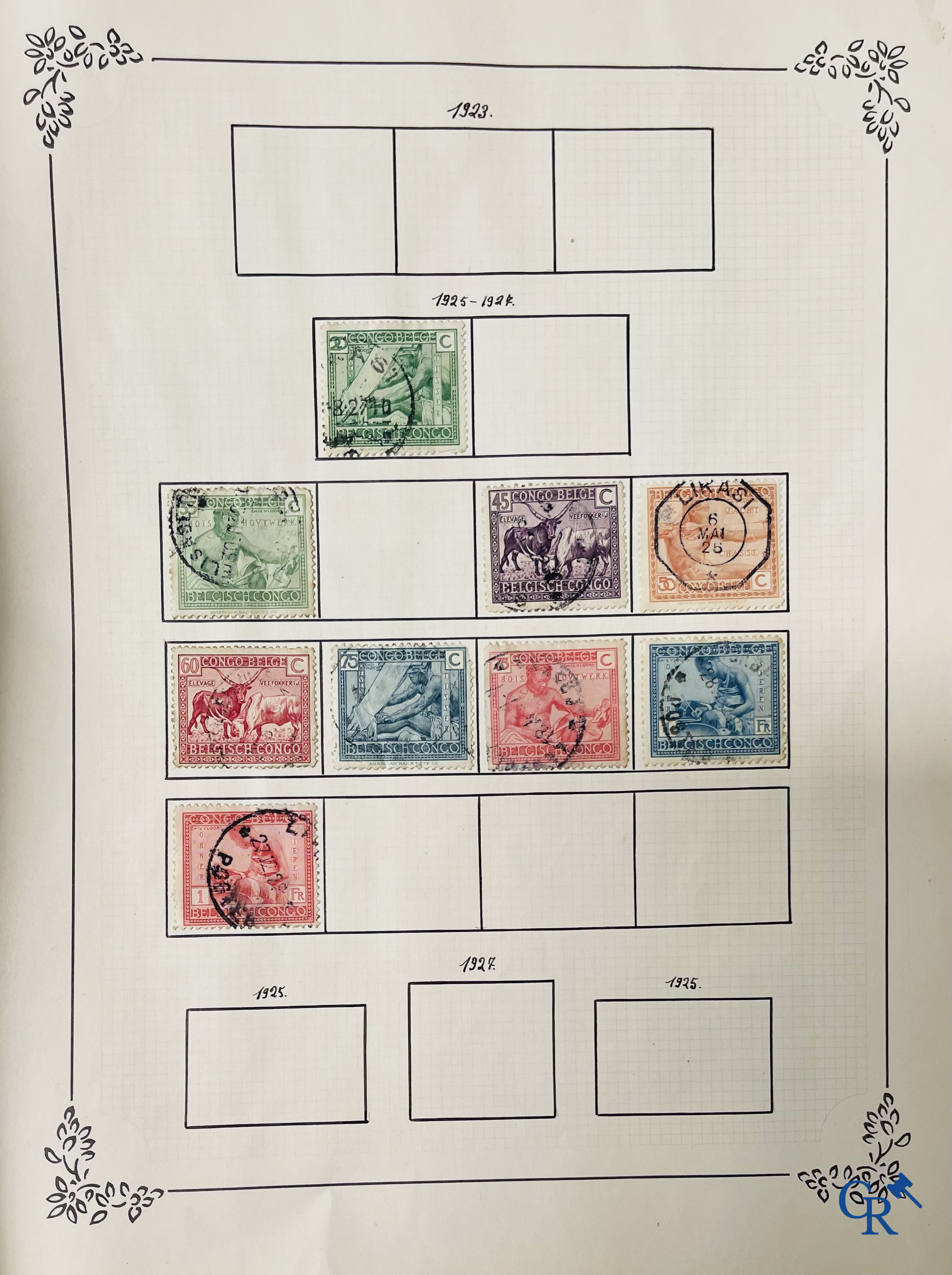 Filatelie. Album met verschillende zeldzame antieke postzegels, waaronder vroege Belgische postzegels.