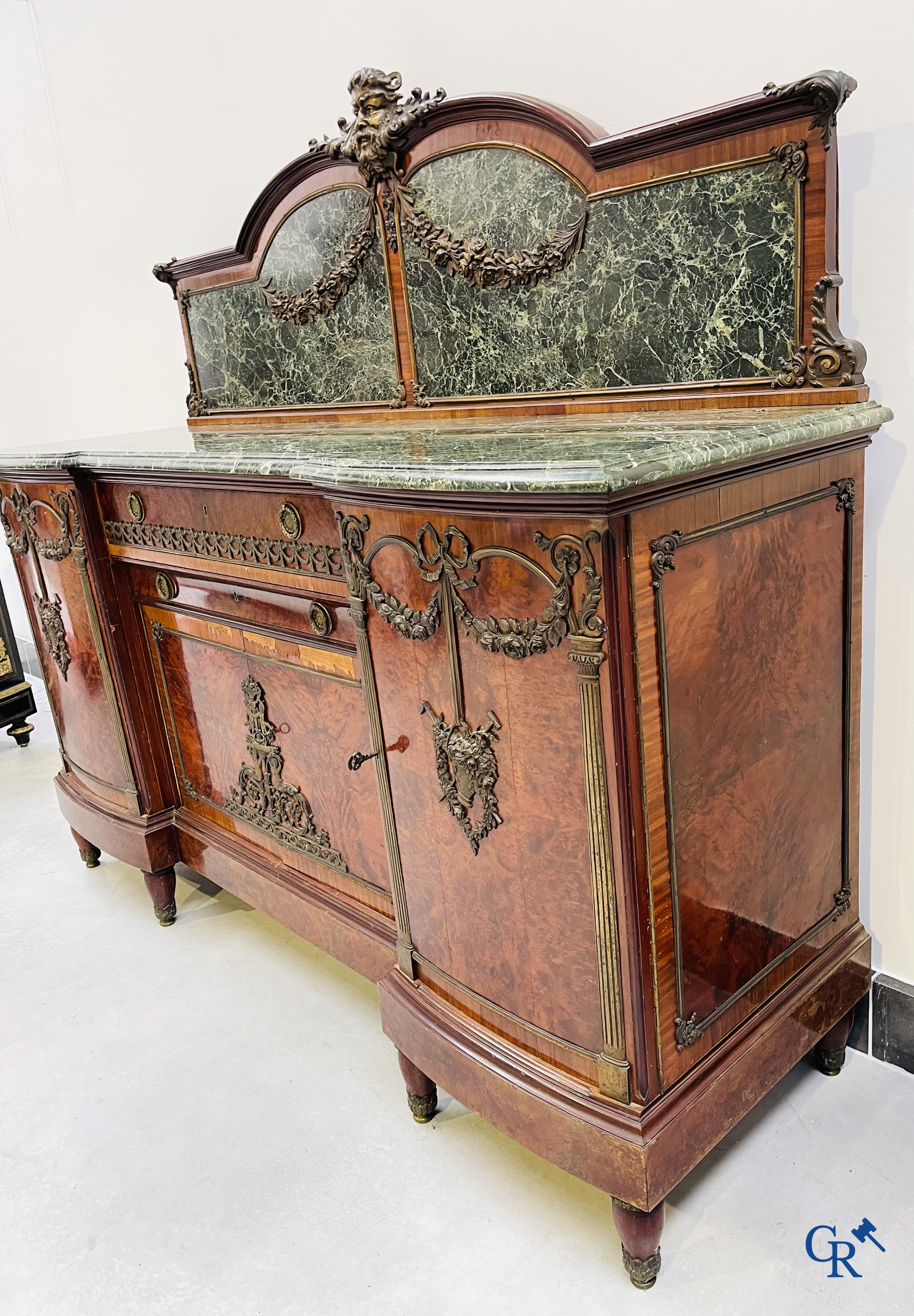 Exceptional dining room furniture in mahogany veneer, marble and bronze. Napoleon III style. Circa 1900.