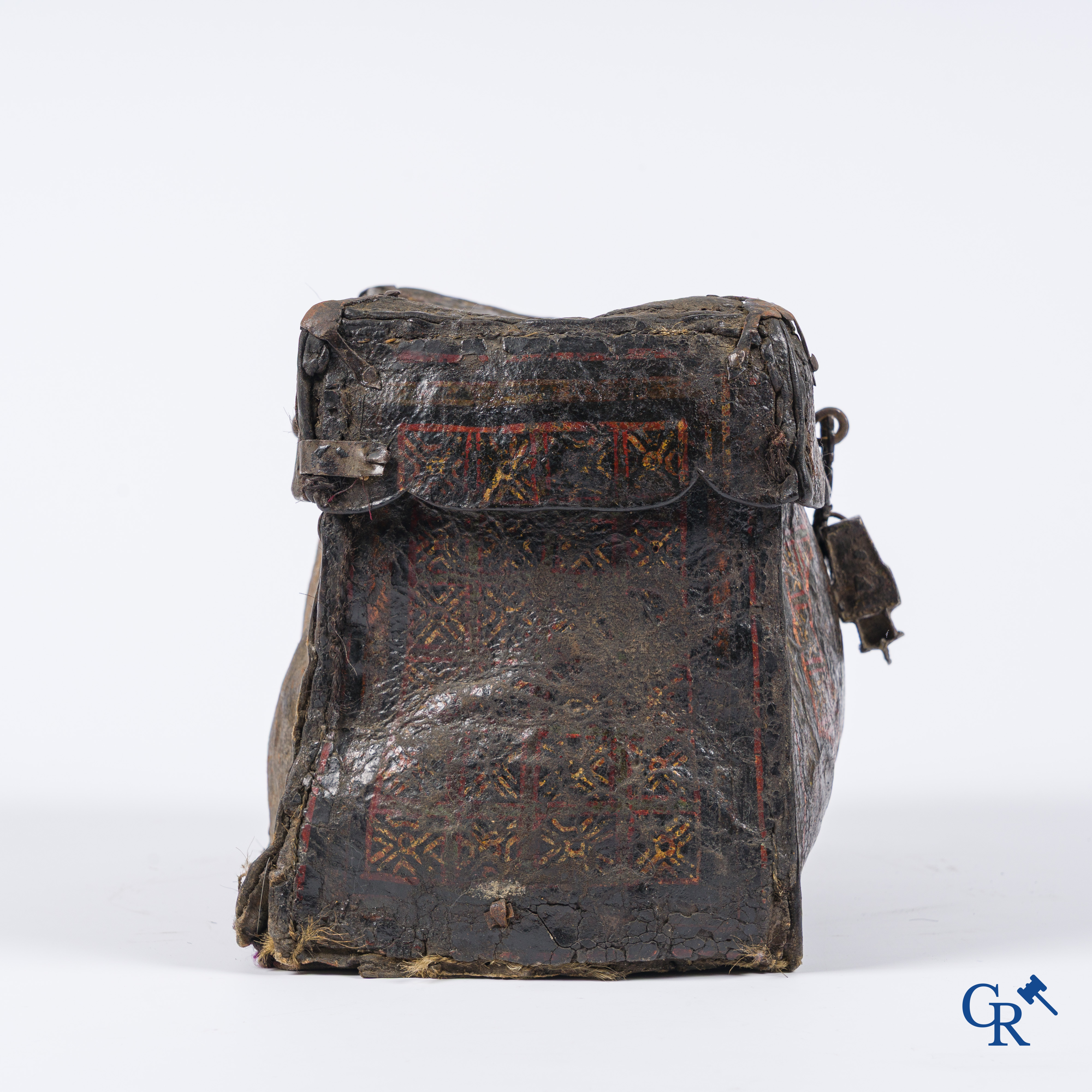 Antique leather money or documents case with original wrought iron lock work.