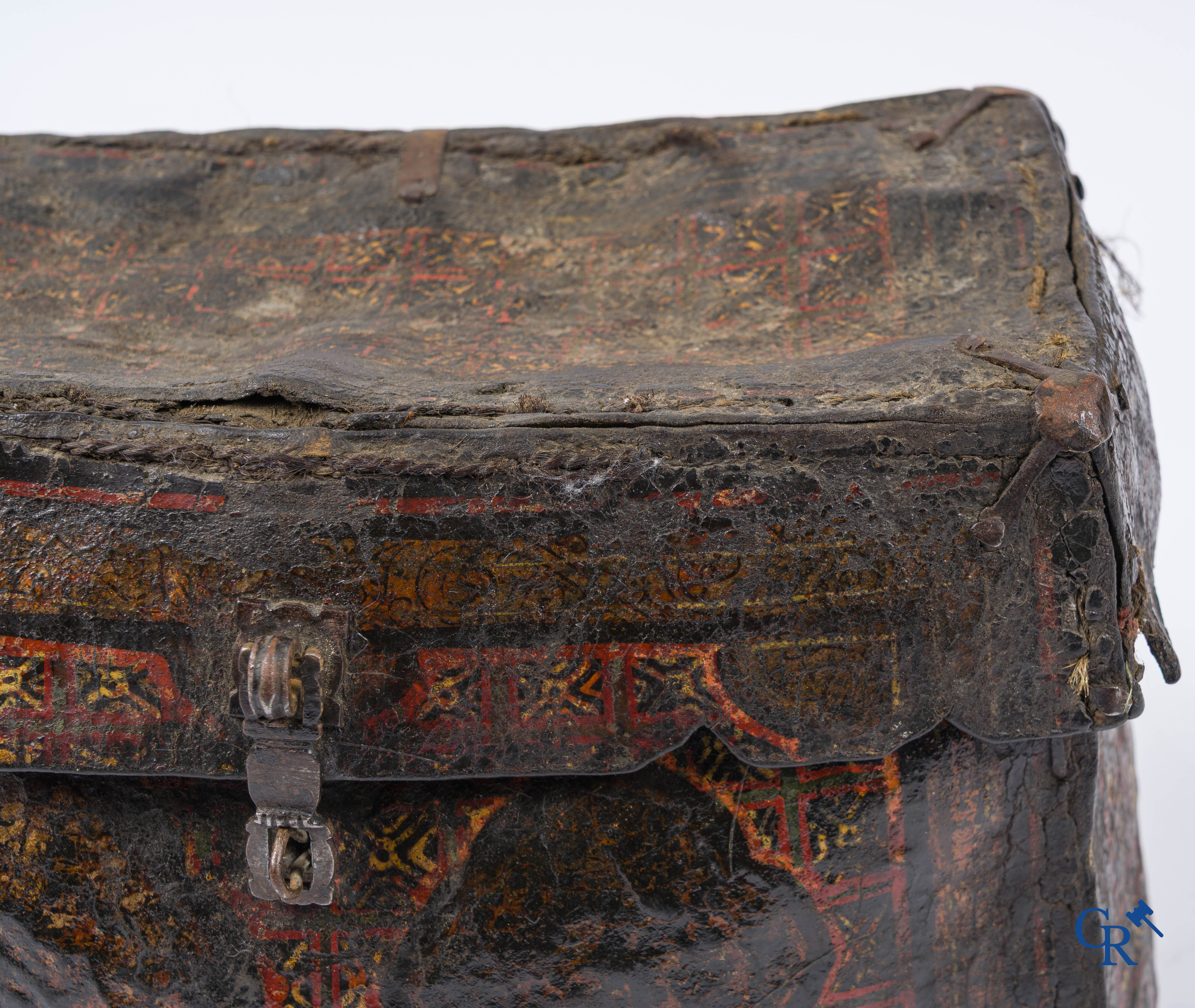 Antique leather money or documents case with original wrought iron lock work.