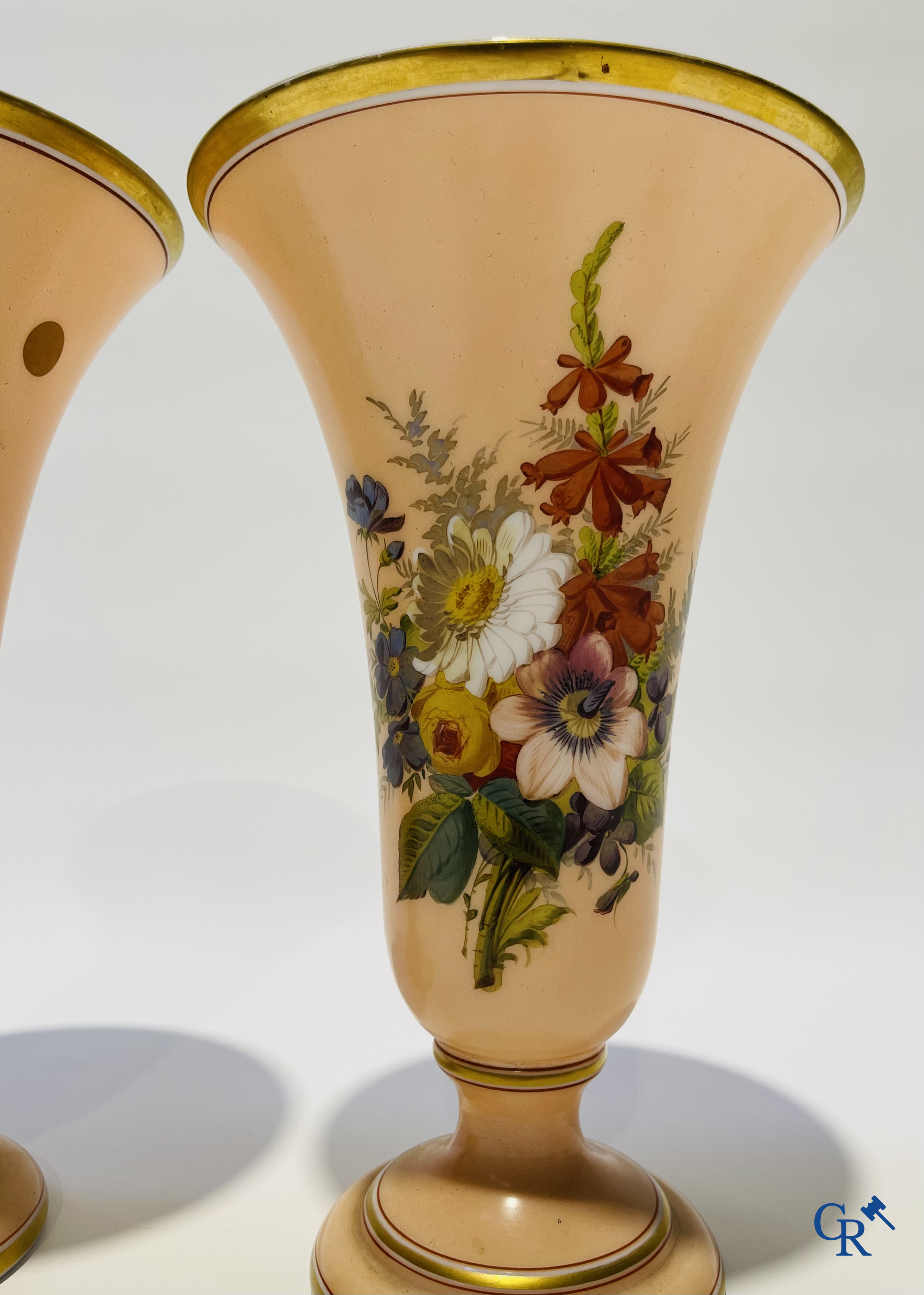 Napoleon III period. Pair of vases in opaline with floral decor. Circa 1880.