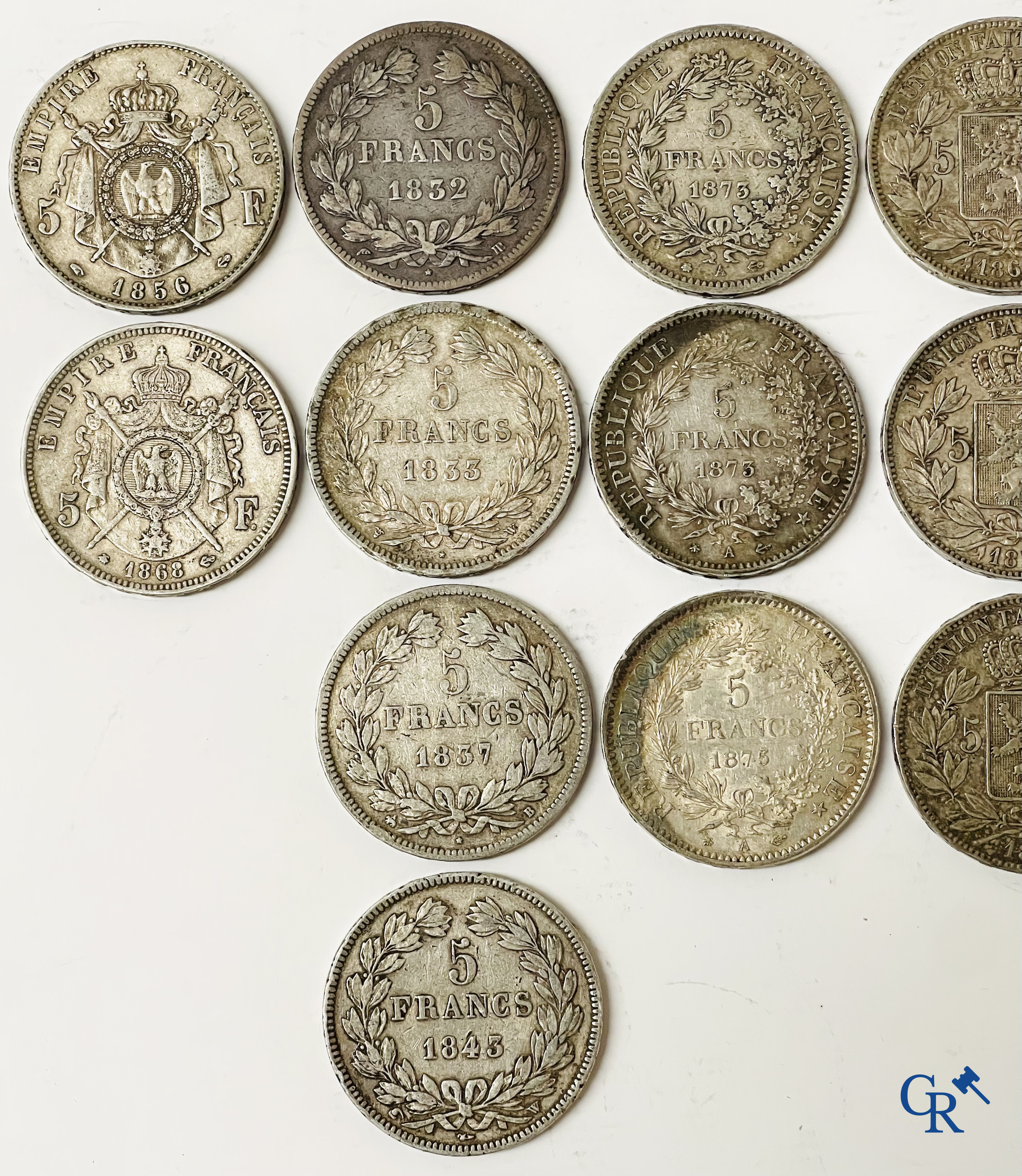 Munten. Lot munten in zilver. 5 Francs Louis Philippe I, Napoleon III, Leopold II, 5 Lire Vittorio Emanuele en diverse.