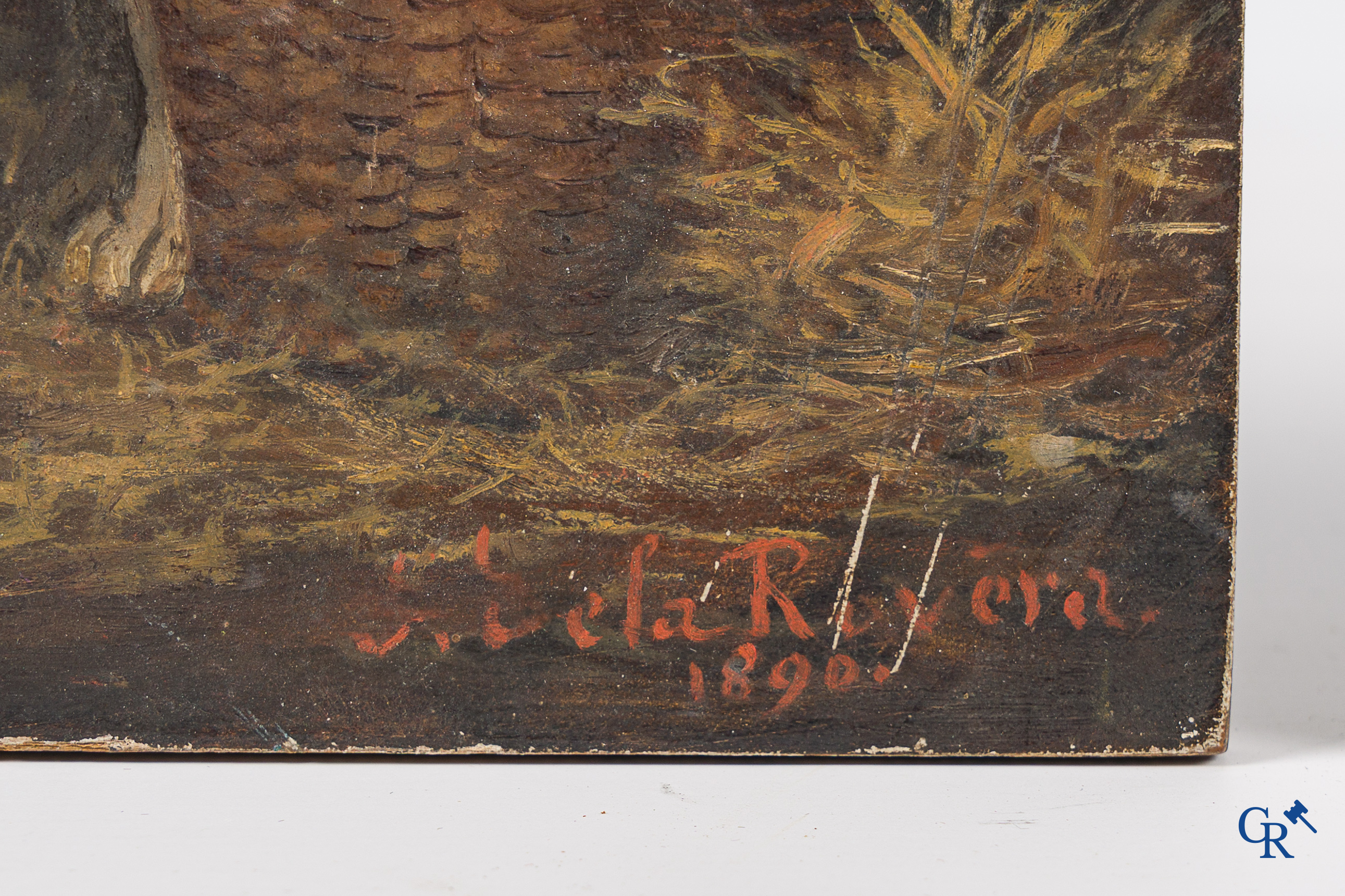 2 romantische schilderijtjes, meisje met kat en 2 spelende hondjes, gesigneerd De La Royèra, 1890.