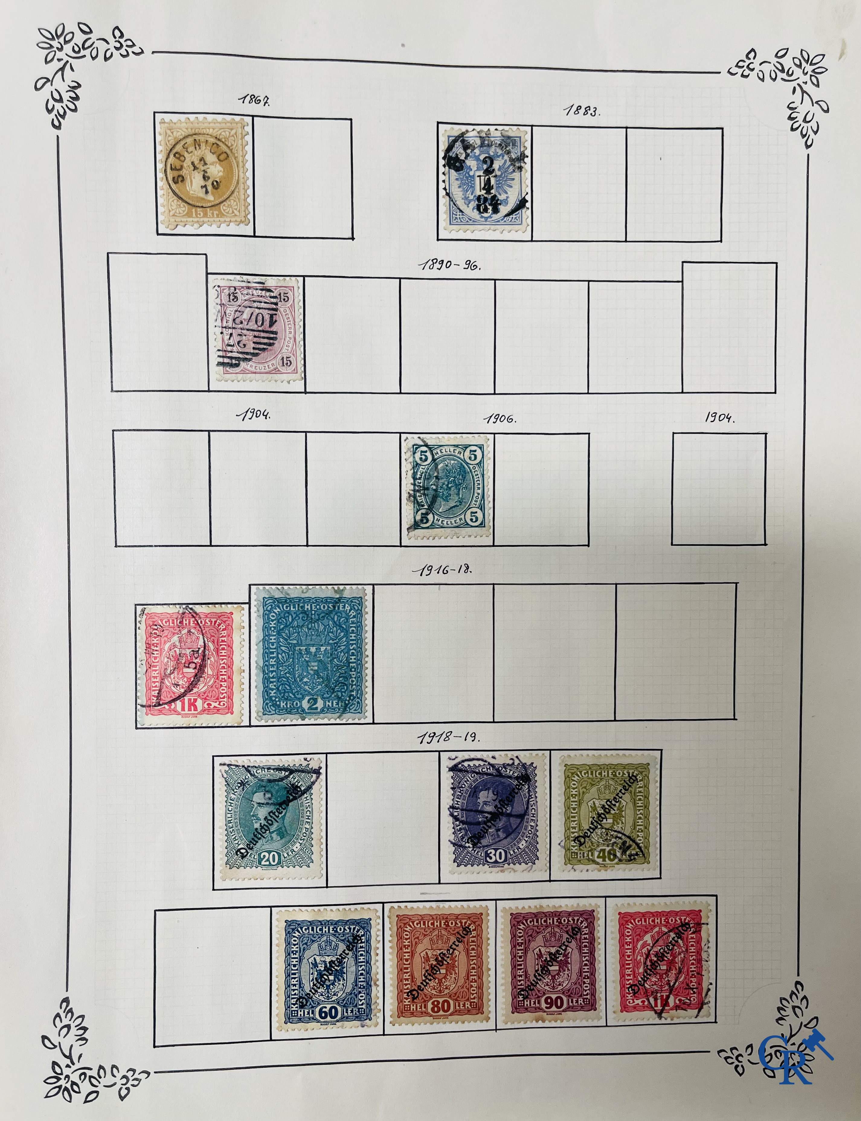 Filatelie. Album met verschillende zeldzame antieke postzegels, waaronder vroege Belgische postzegels.