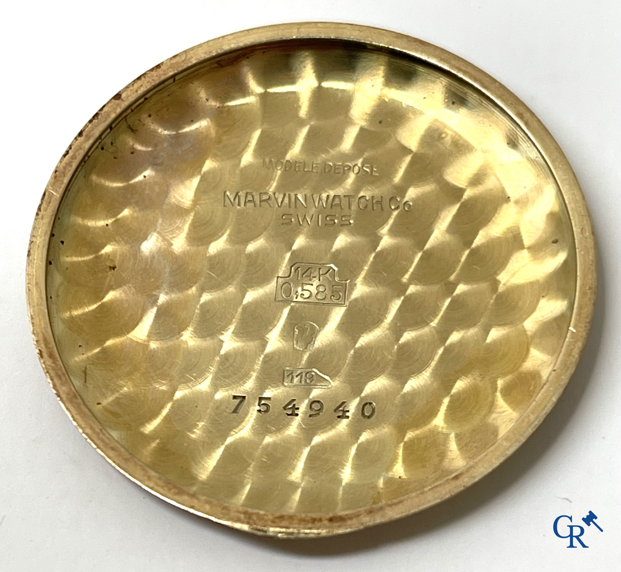 Uurwerken. Een 14-karaats gouden 585°/00 heren polsuurwerk gemerkt Marvin. Zwitsers werk circa 1940-1950.