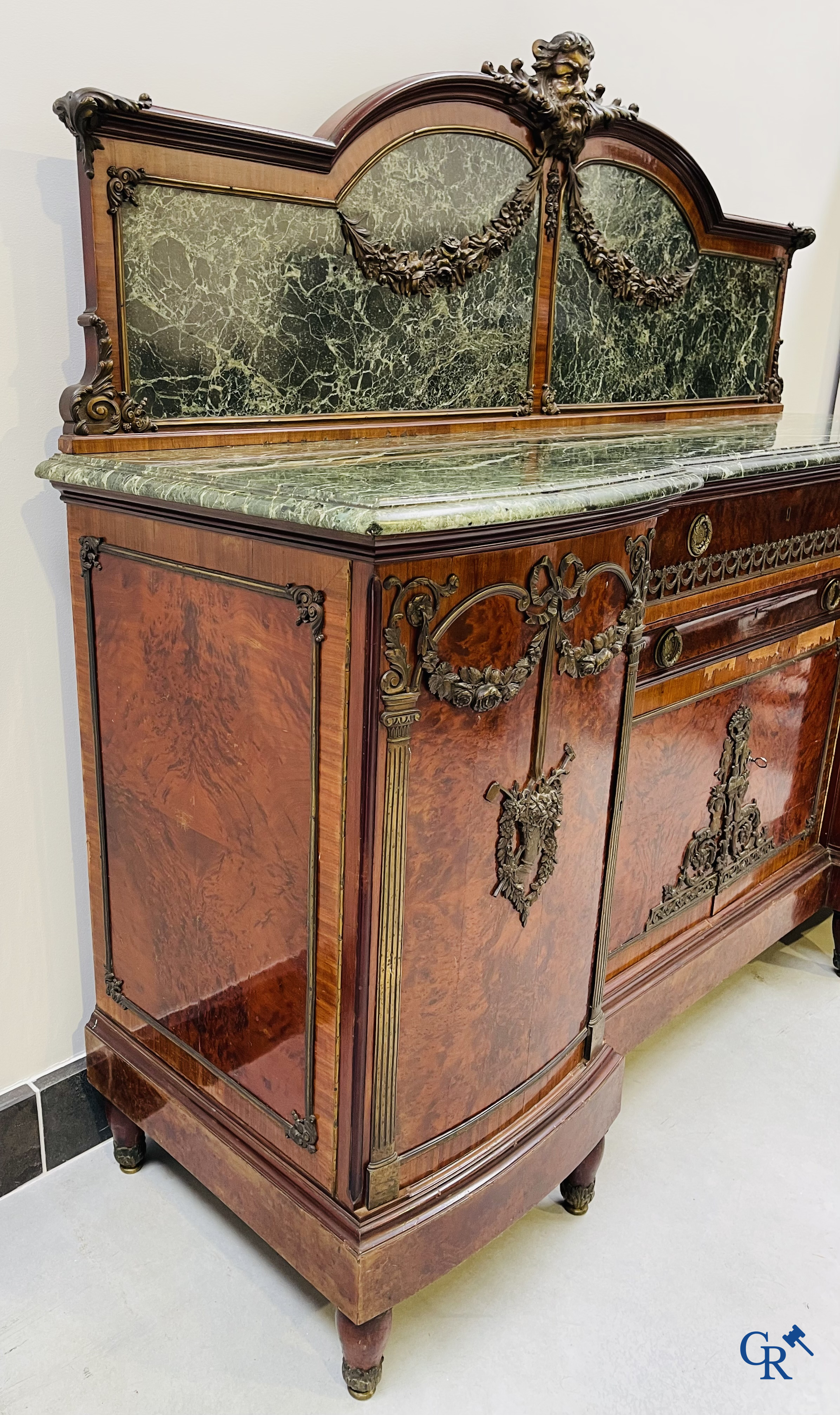 Exceptional dining room furniture in mahogany veneer, marble and bronze. Napoleon III style. Circa 1900.
