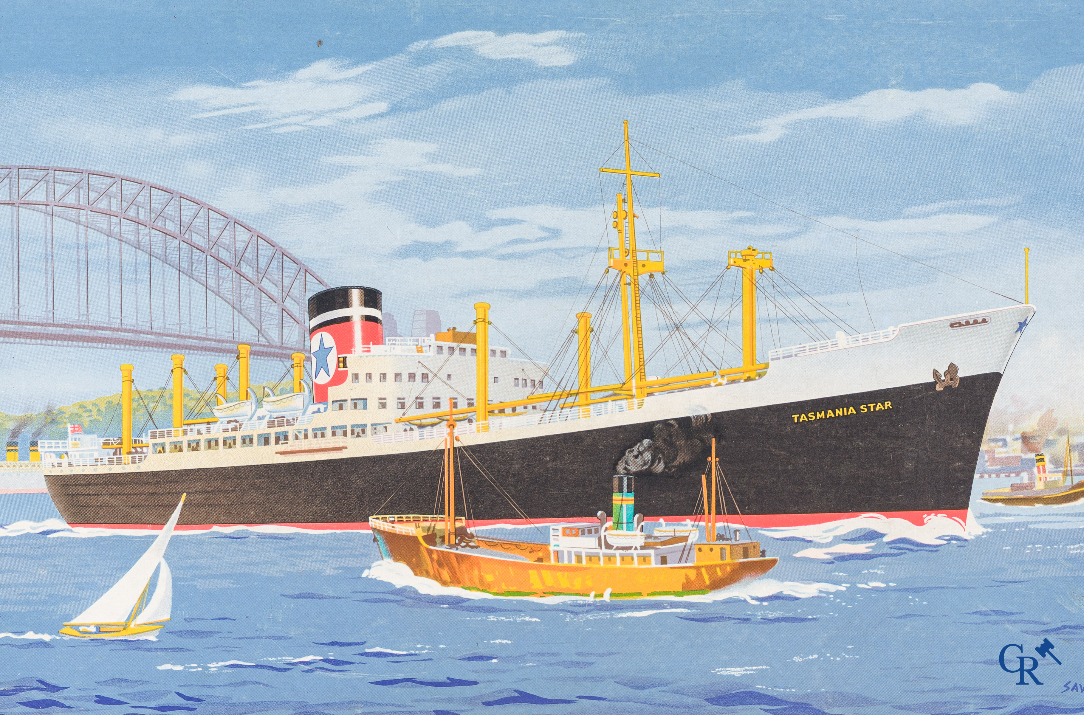 Blue Star Line, Tasmania Star. Reclame gedrukt op hard karton. Monogram SAV. 30'er jaren.
