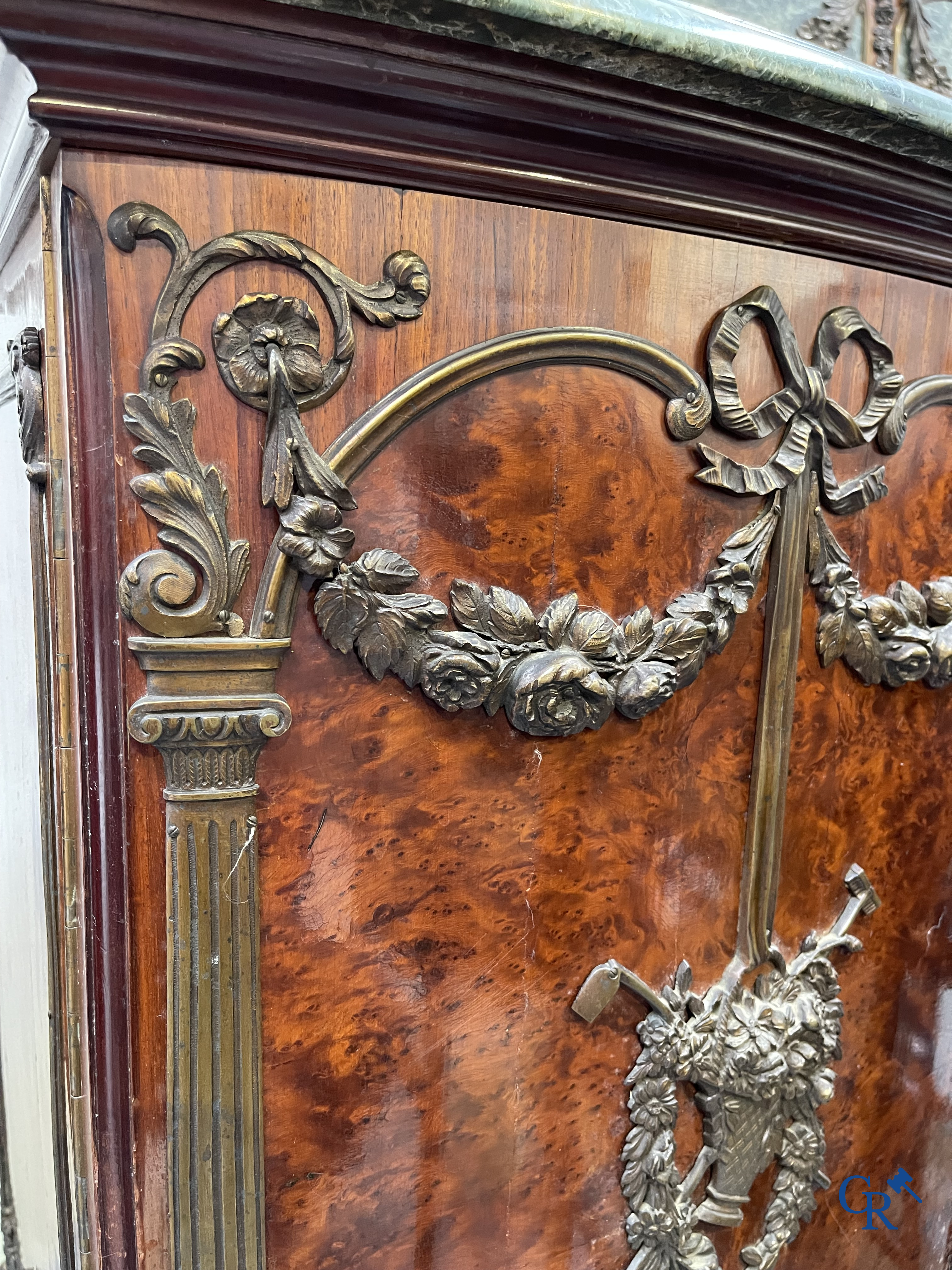 Exceptional dining room furniture in mahogany veneer, marble and bronze. Napoleon III style. Circa 1900.
