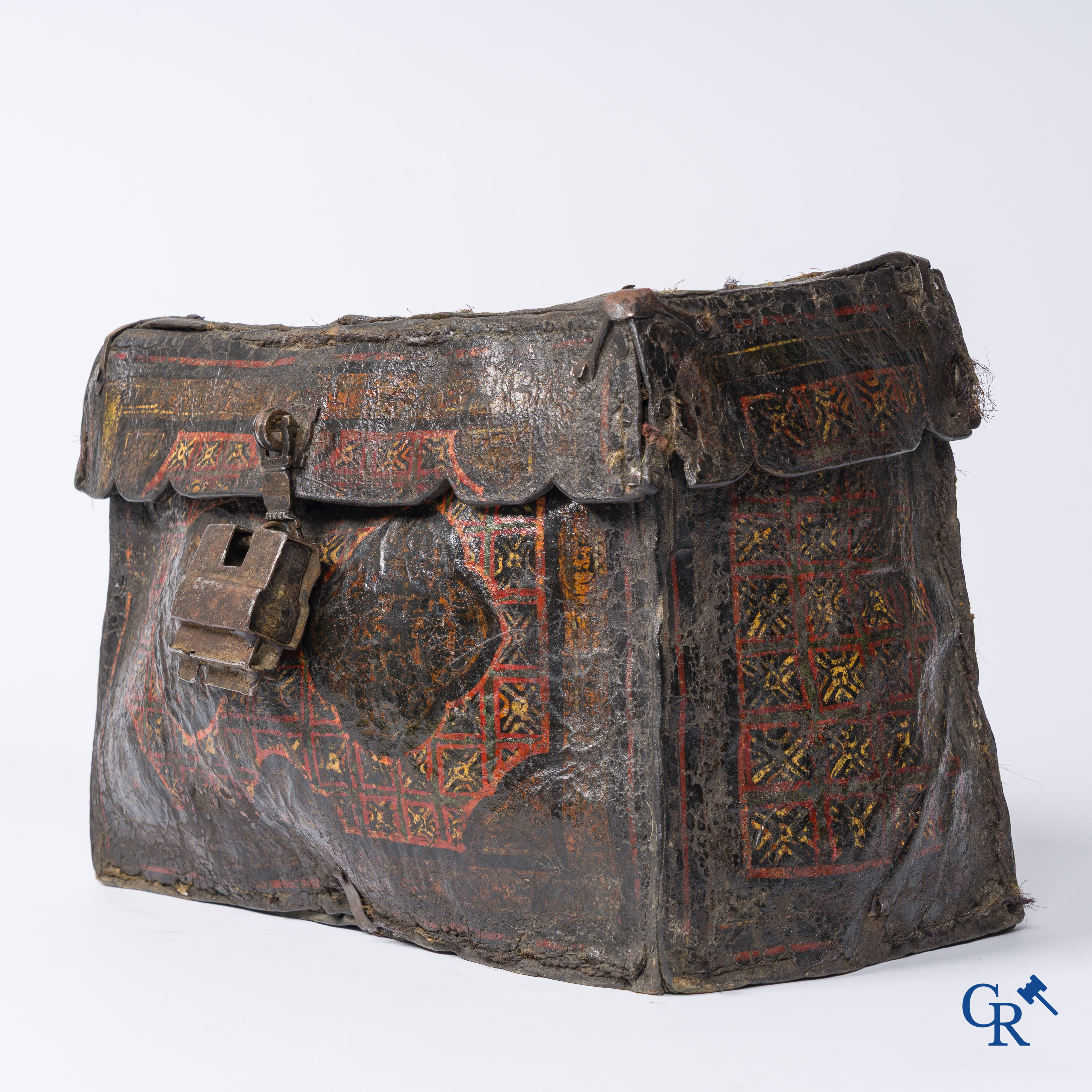 Antique leather money or documents case with original wrought iron lock work.