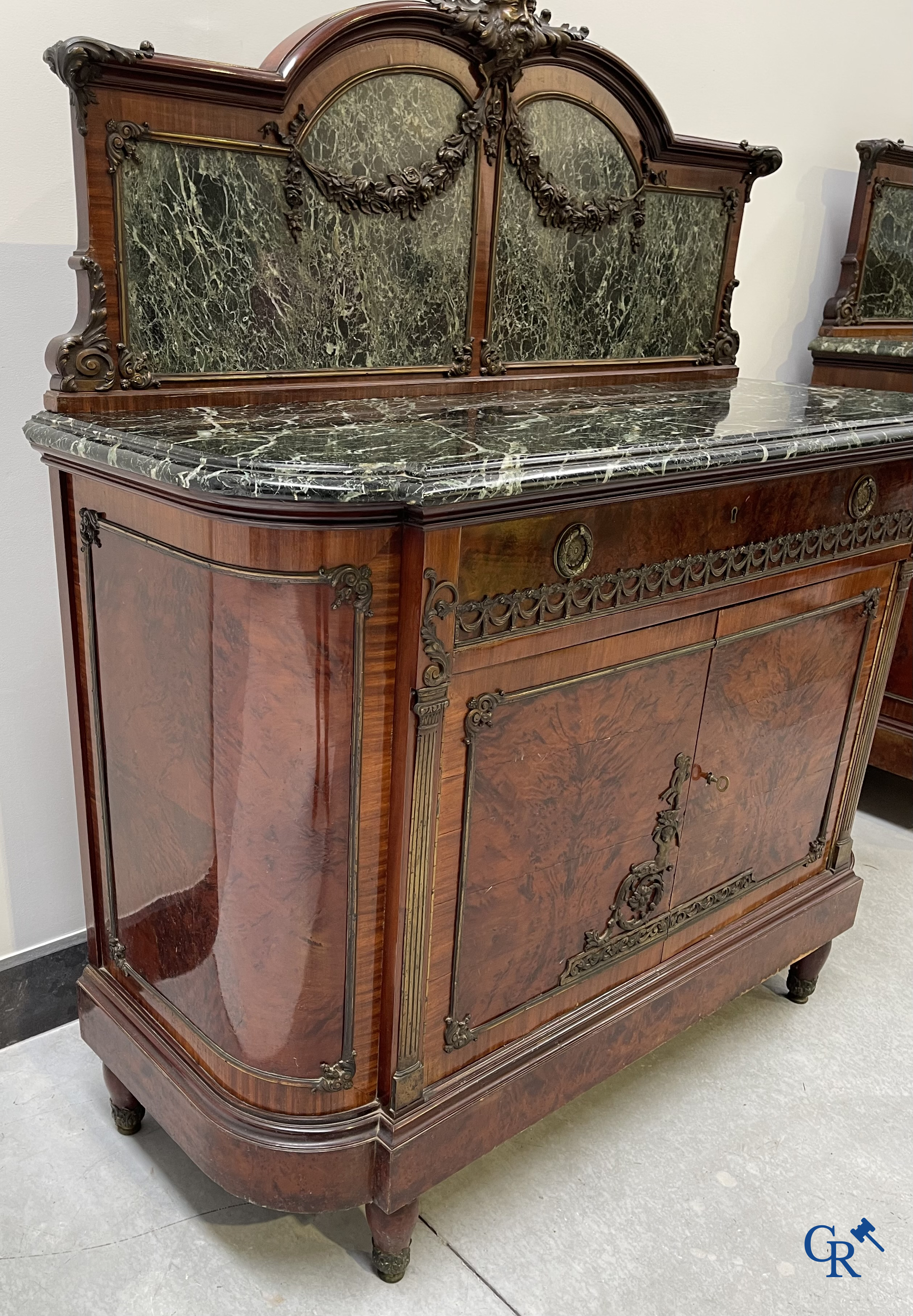 Exceptional dining room furniture in mahogany veneer, marble and bronze. Napoleon III style. Circa 1900.