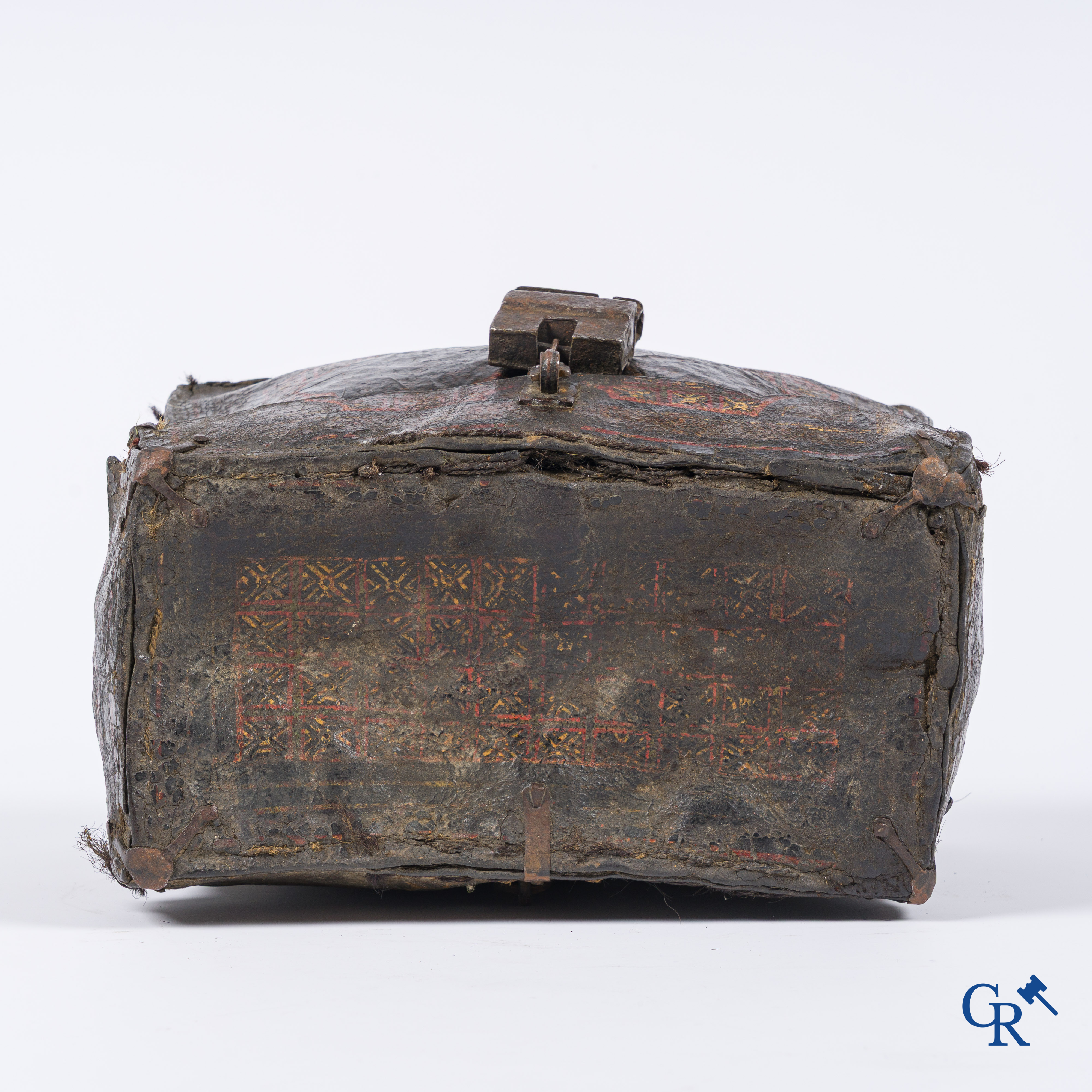 Antique leather money or documents case with original wrought iron lock work.