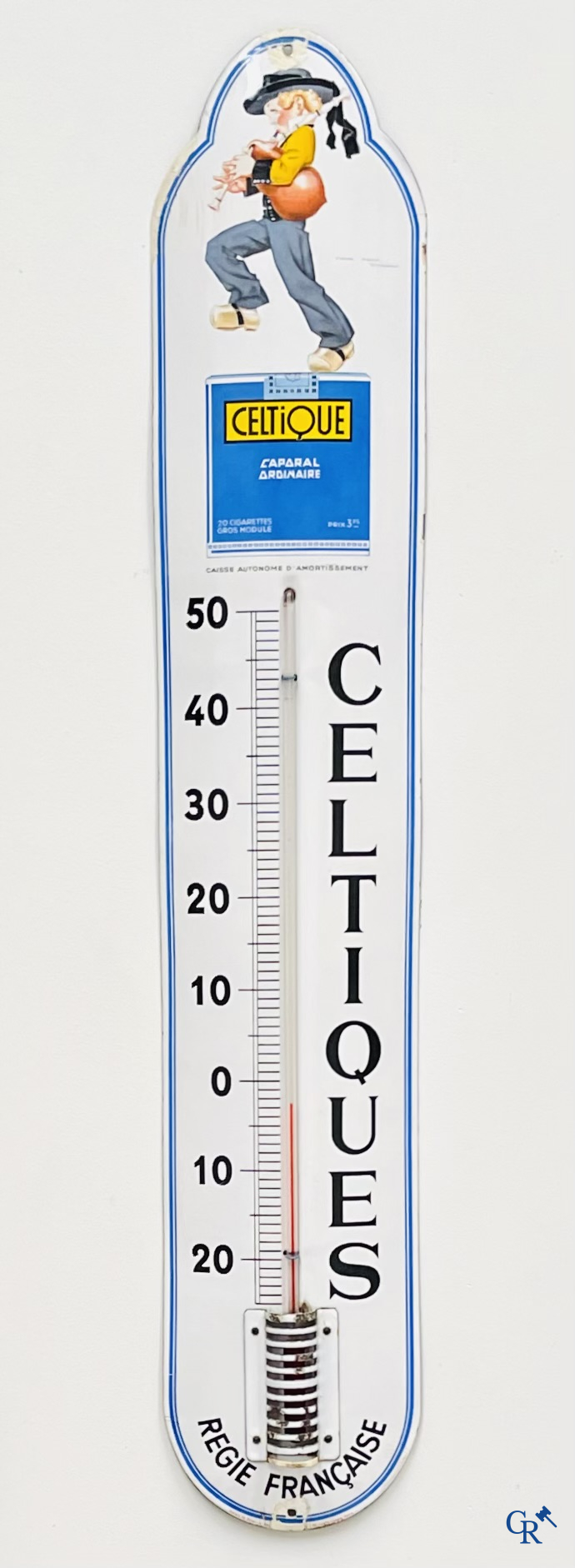 Celtiques, grote emaille publiciteits thermometer geïllustreerd met een ontwerp van René Vincent. Circa 1930.