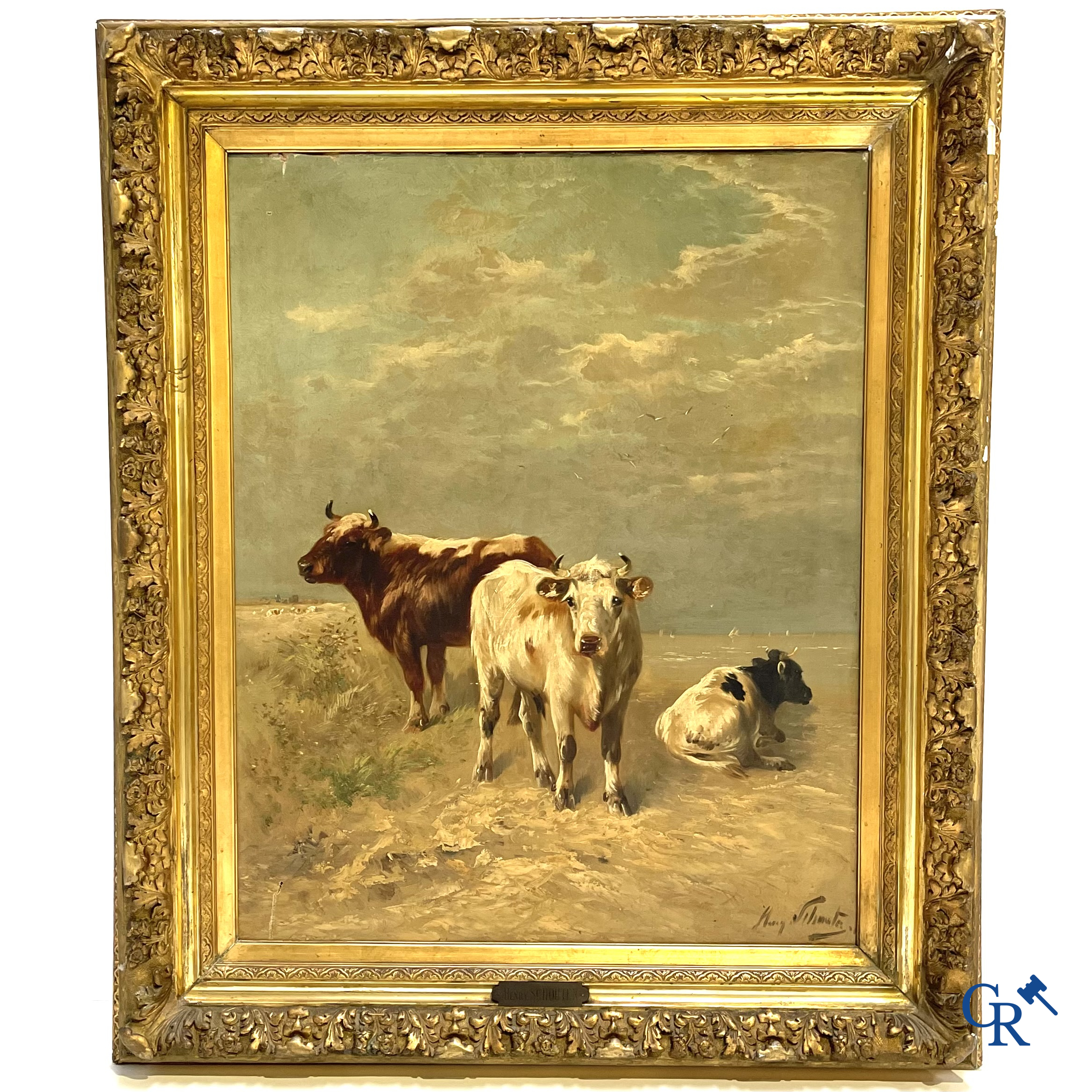 Henry Schouten. Koeien in de duinen. Groot schilderij met vergulde kader. Rechtsonder gesigneerd.
