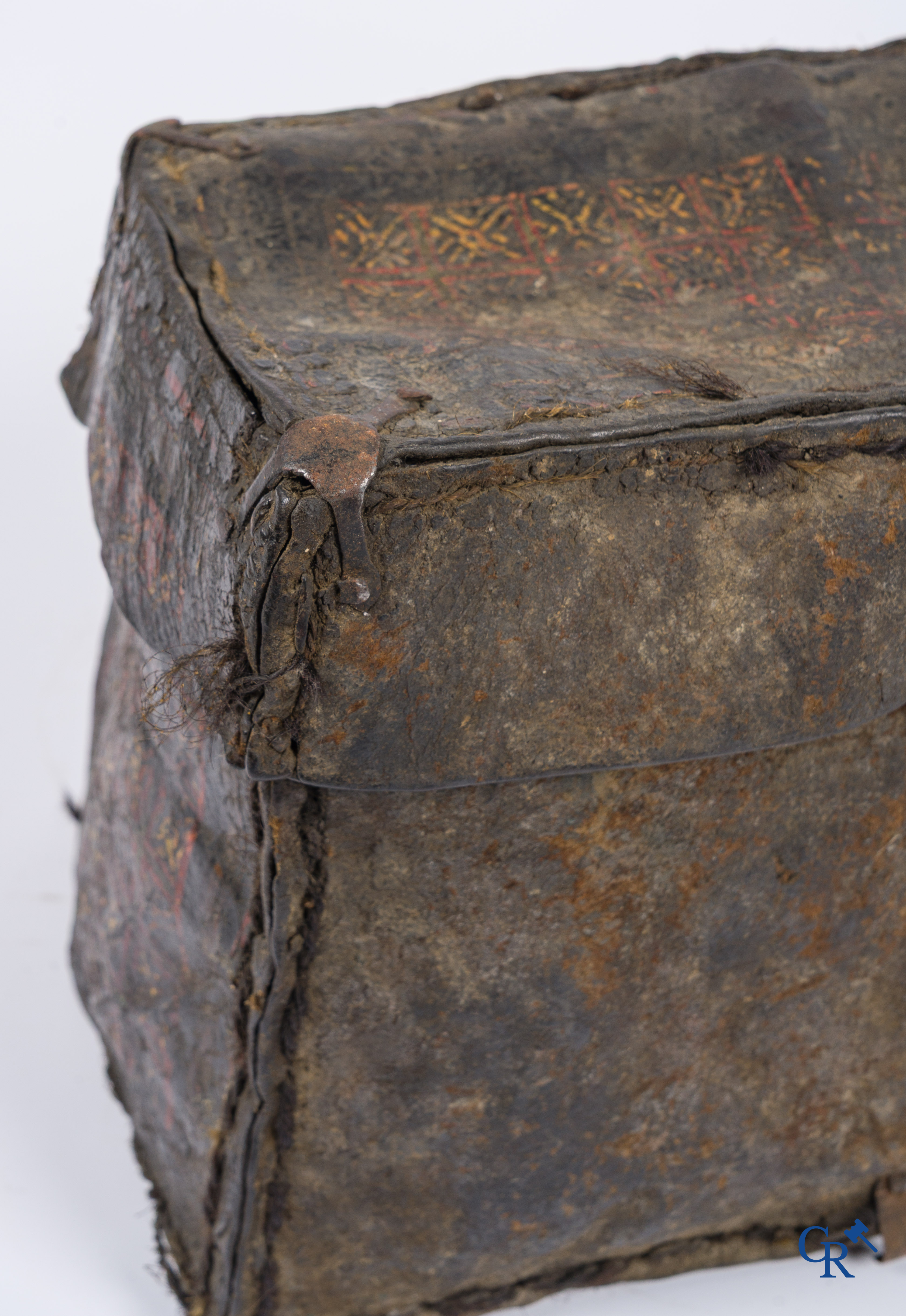 Antique leather money or documents case with original wrought iron lock work.