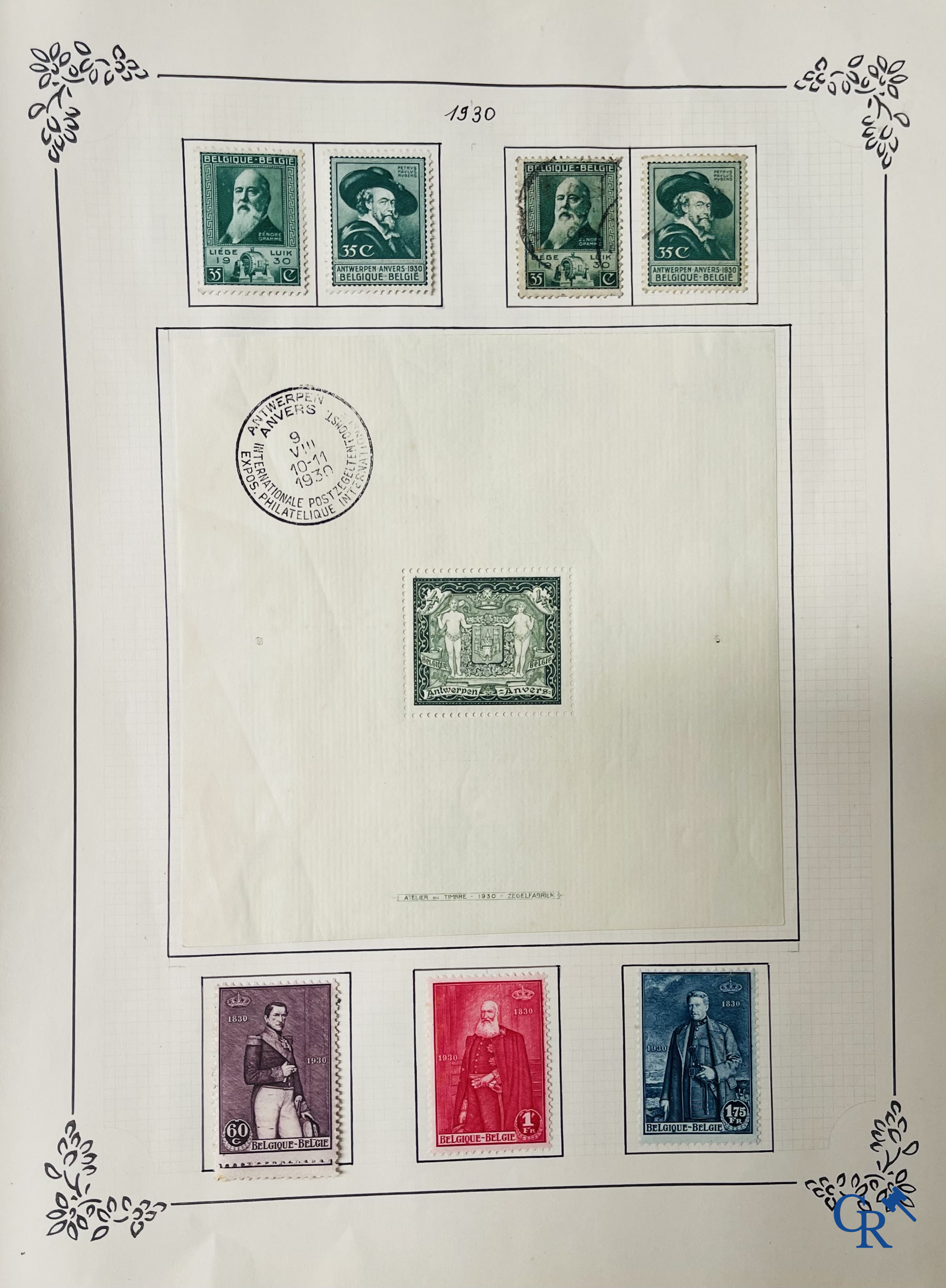 Filatelie. Album met verschillende zeldzame antieke postzegels, waaronder vroege Belgische postzegels.