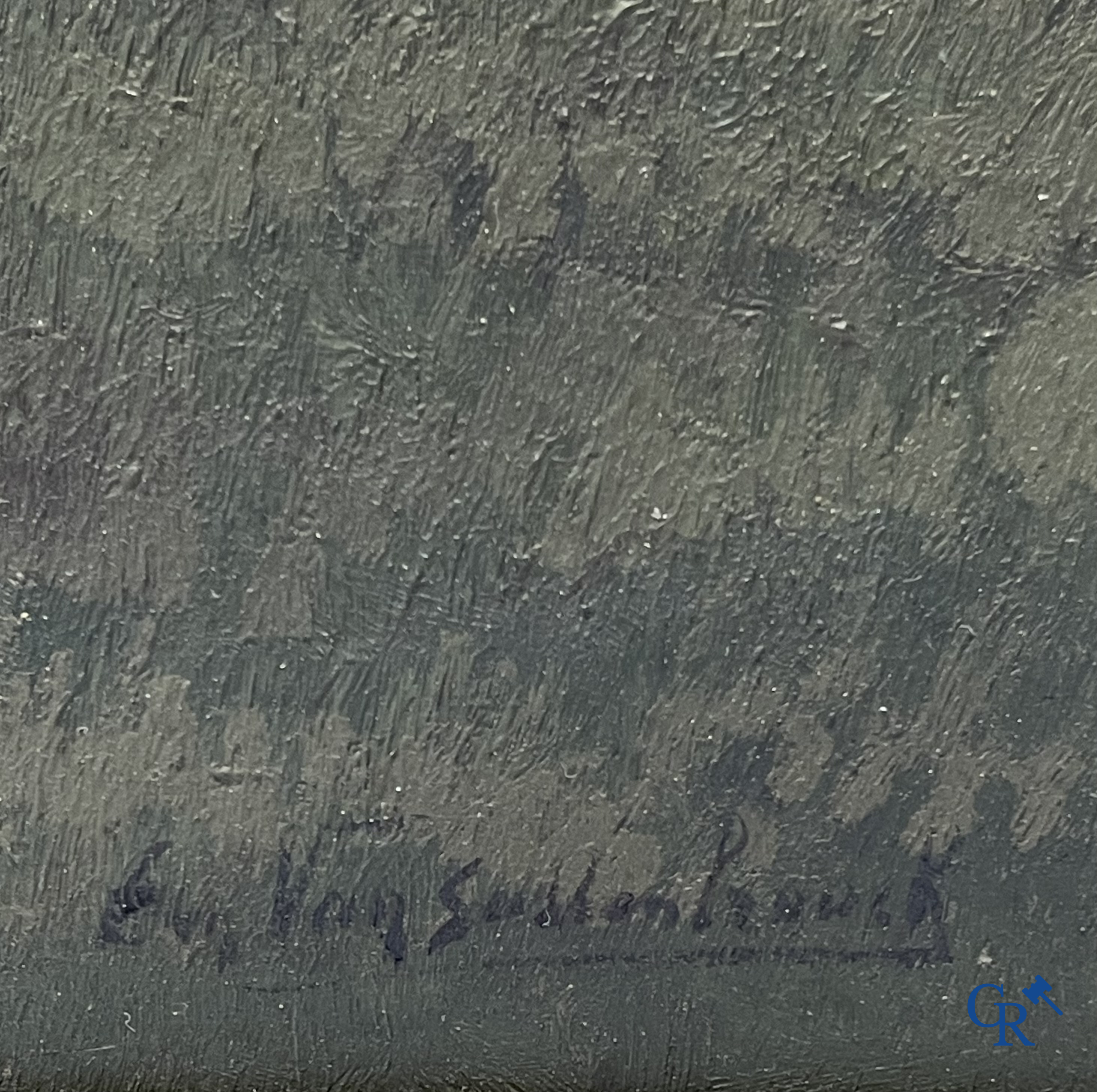 Van Sassenbrouck. Zicht van het begijnhof. Olie op hardboard. Rechtsonder gesigneerd.