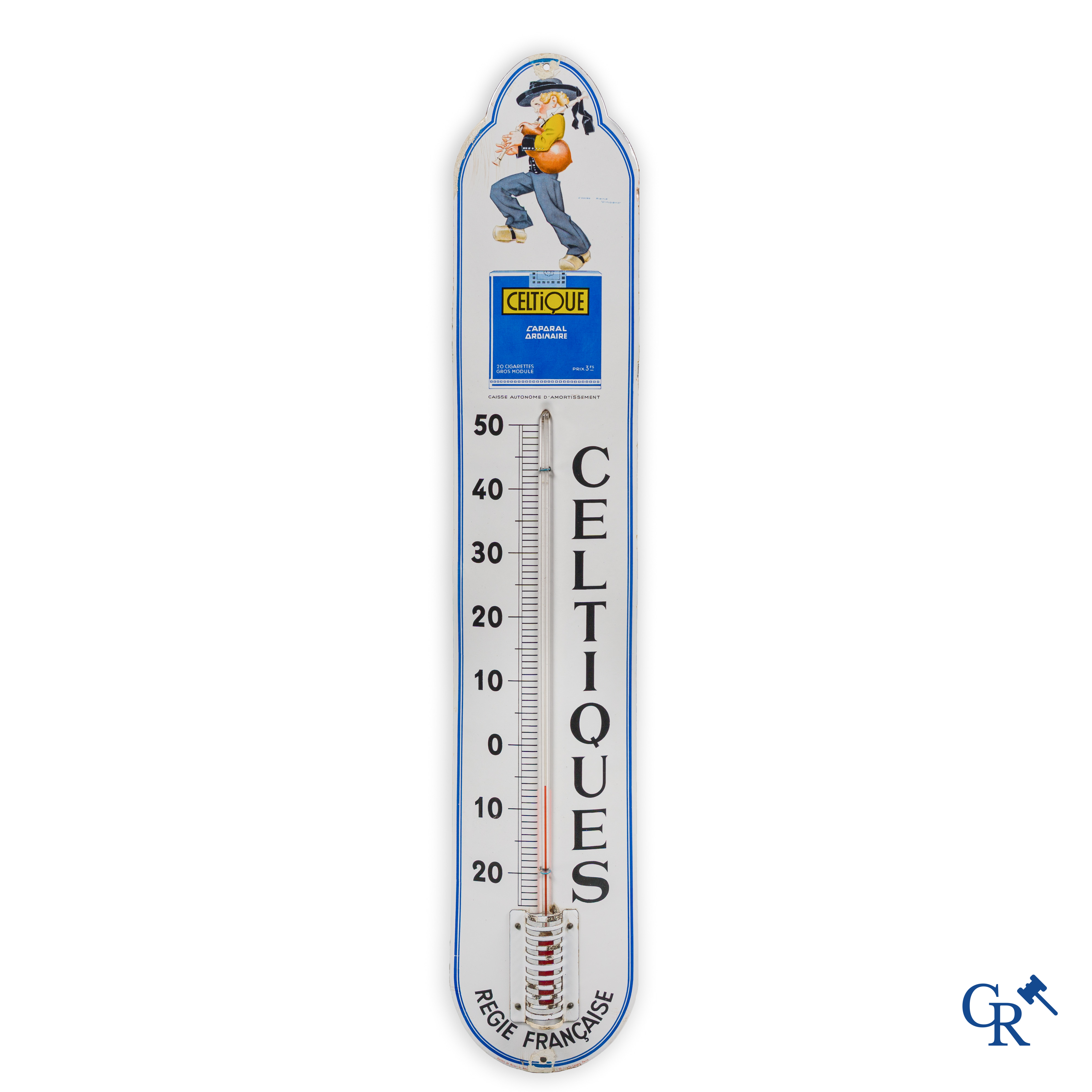 Celtiques, grote emaille publiciteits thermometer geïllustreerd met een ontwerp van René Vincent. Circa 1930.