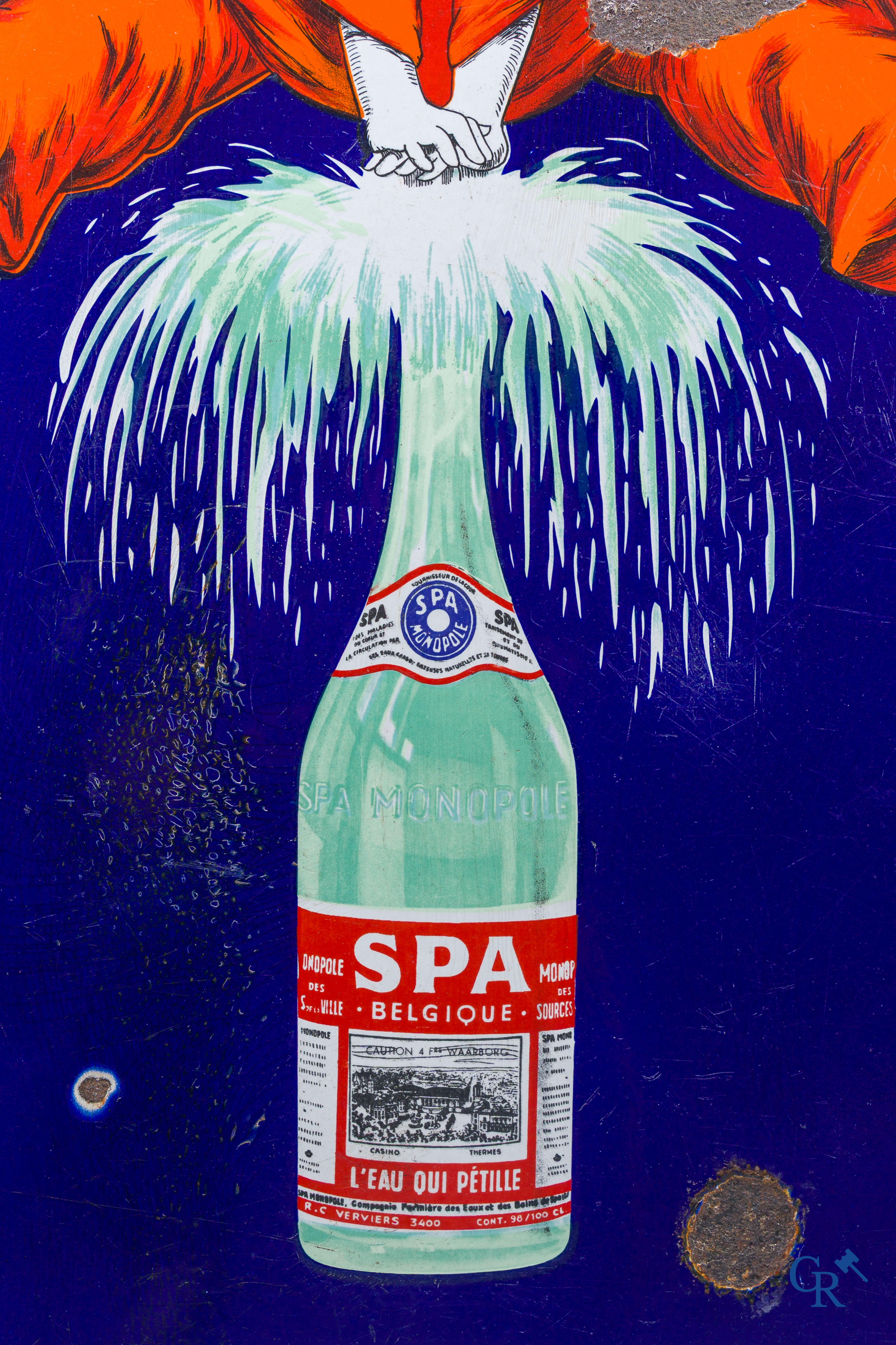 Spa, groot emaille reclamebord met "Pierrot" naar een ontwerp van Jean d'Ylen.