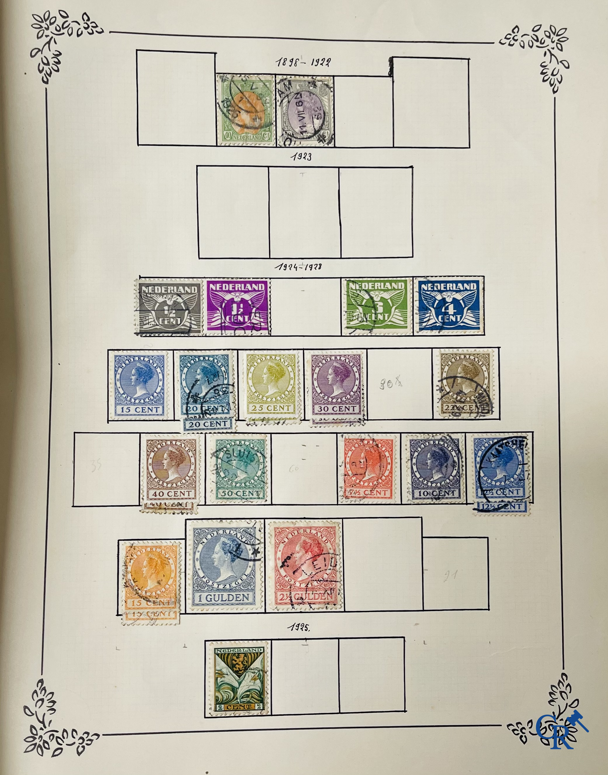 Filatelie. Album met verschillende zeldzame antieke postzegels, waaronder vroege Belgische postzegels.
