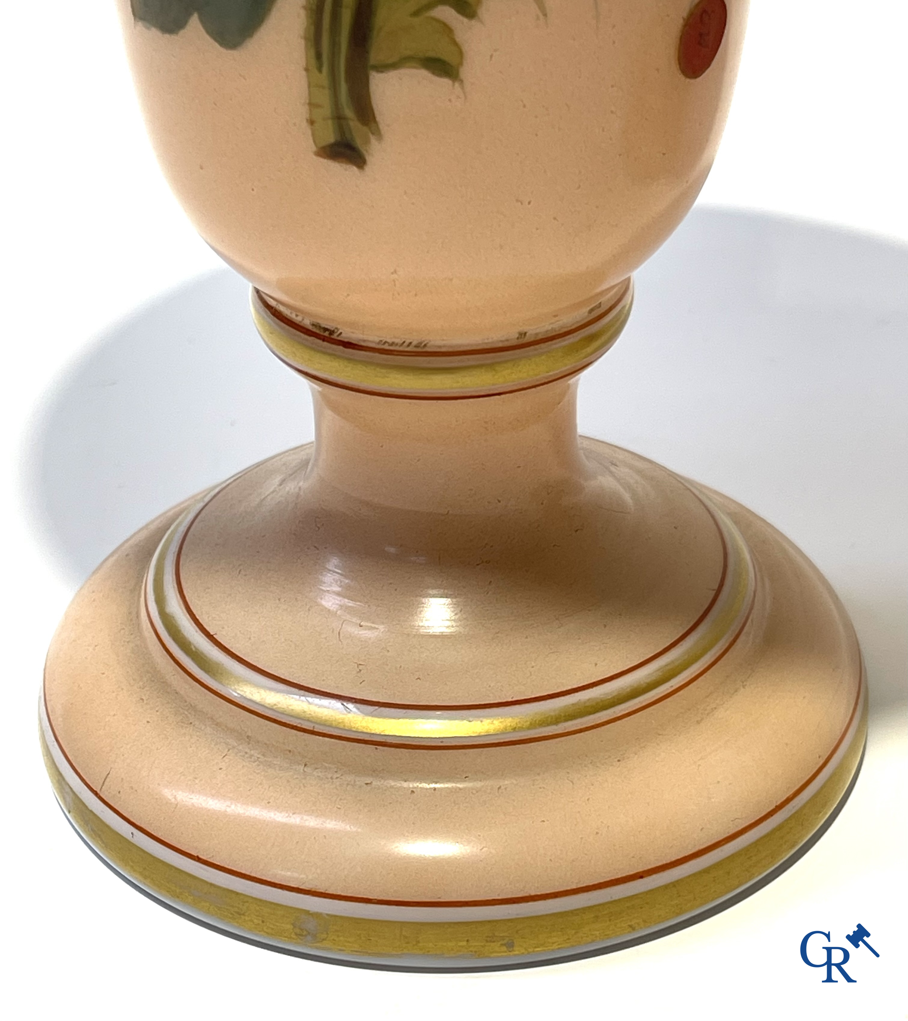 Napoleon III period. Pair of vases in opaline with floral decor. Circa 1880.