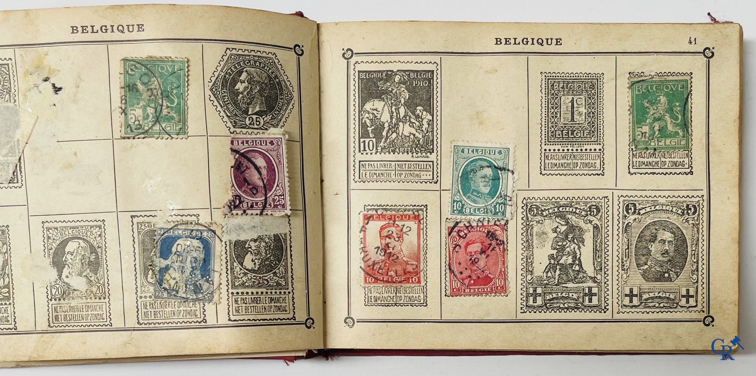 Filatelie. Album met verschillende zeldzame antieke postzegels, waaronder vroege Belgische postzegels.