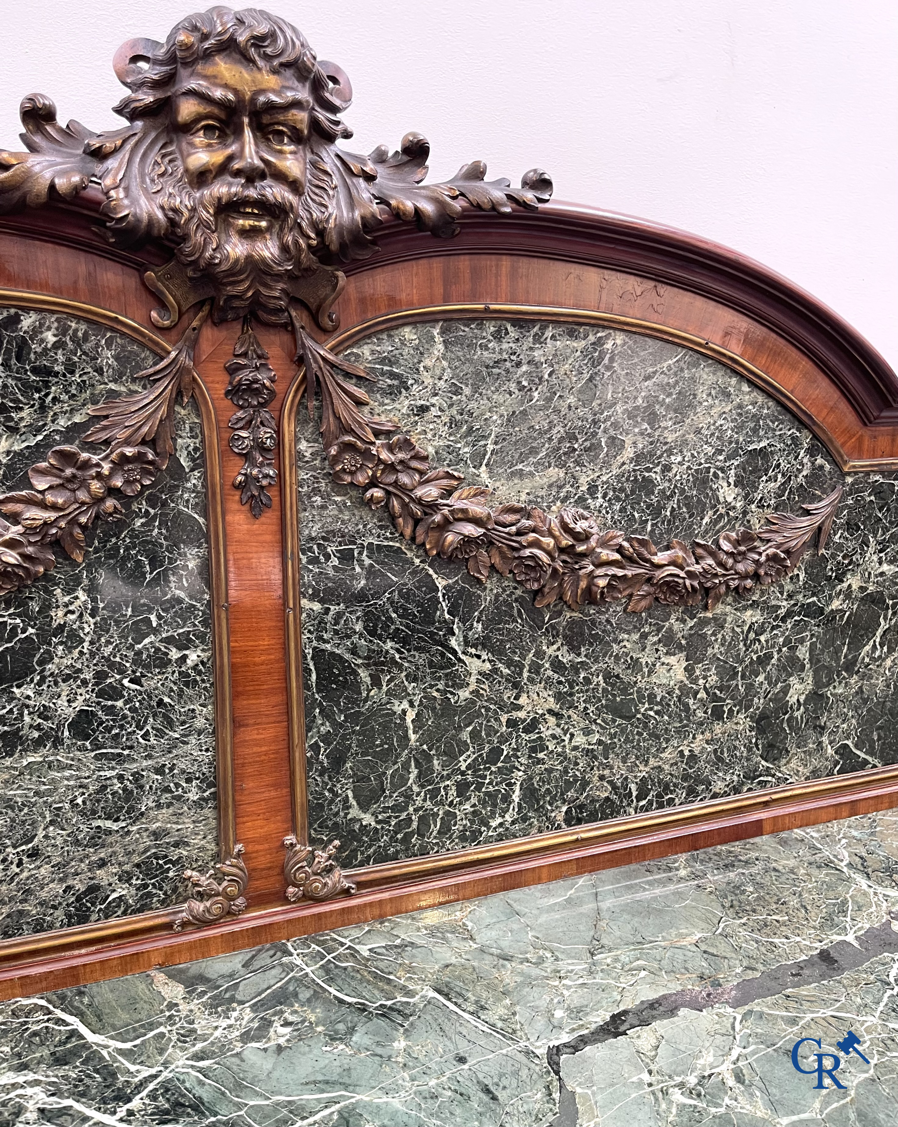 Exceptional dining room furniture in mahogany veneer, marble and bronze. Napoleon III style. Circa 1900.