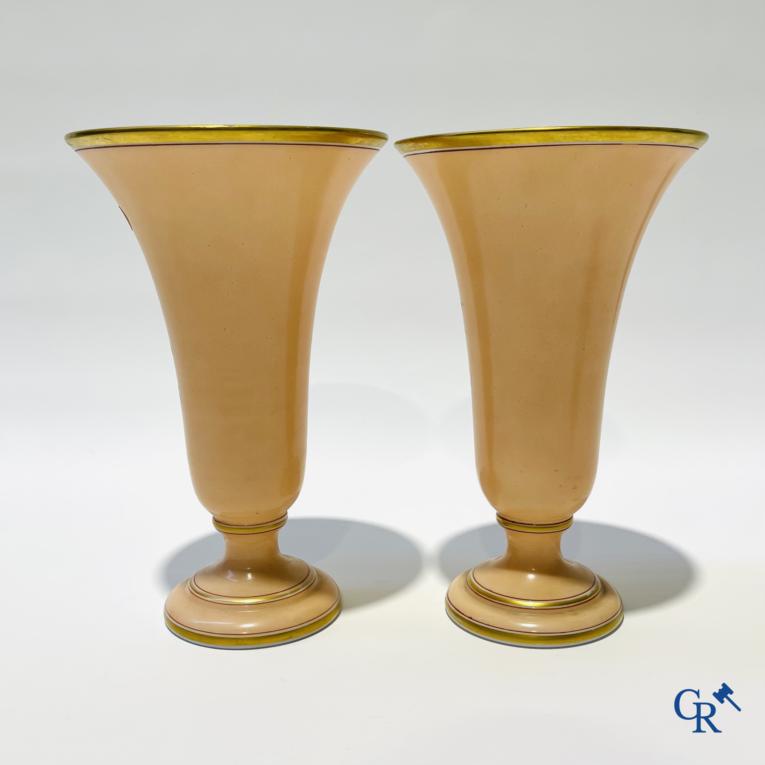 Napoleon III period. Pair of vases in opaline with floral decor. Circa 1880.