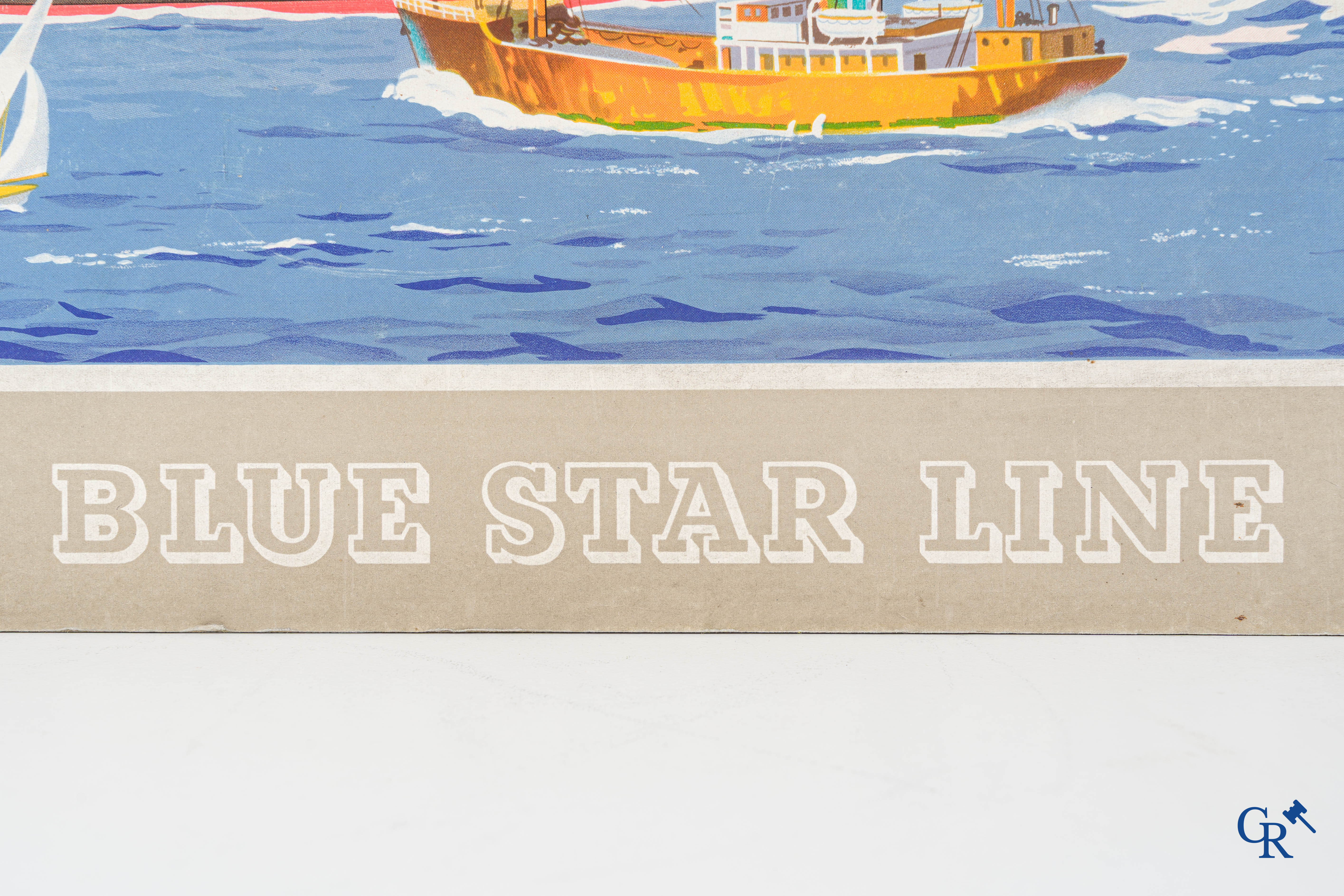 Blue Star Line, Tasmania Star. Reclame gedrukt op hard karton. Monogram SAV. 30'er jaren.